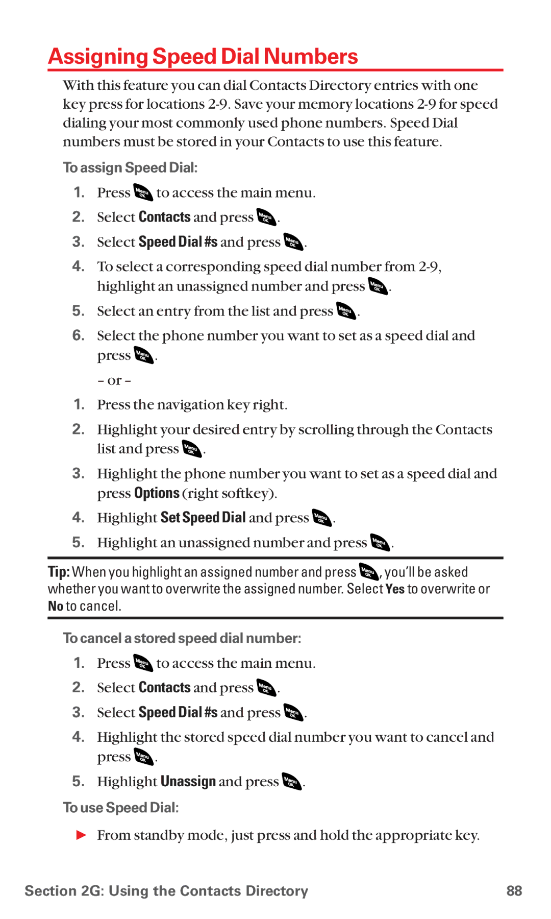 Sanyo RL 4920 Assigning Speed Dial Numbers, To assign Speed Dial, To cancel a stored speed dial number, To use Speed Dial 