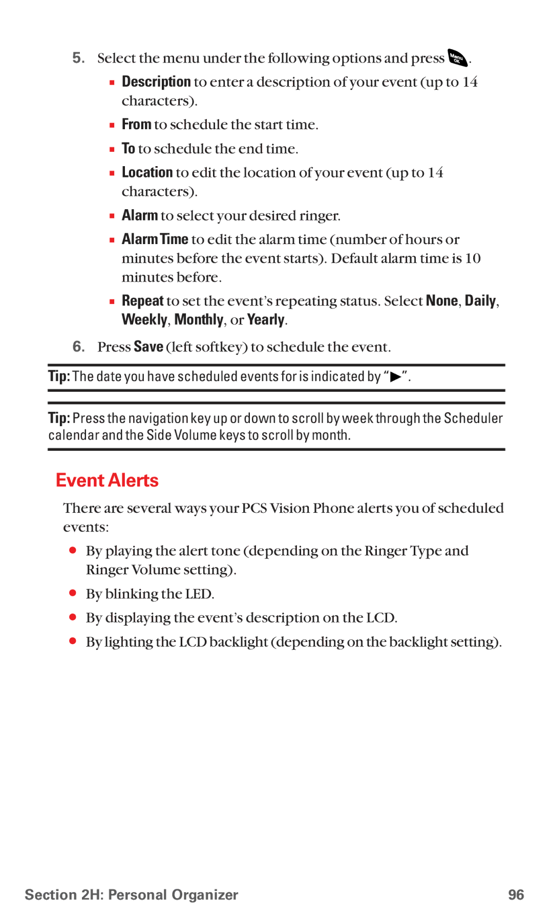 Sanyo RL 4920 manual Event Alerts, Weekly, Monthly, or Yearly 