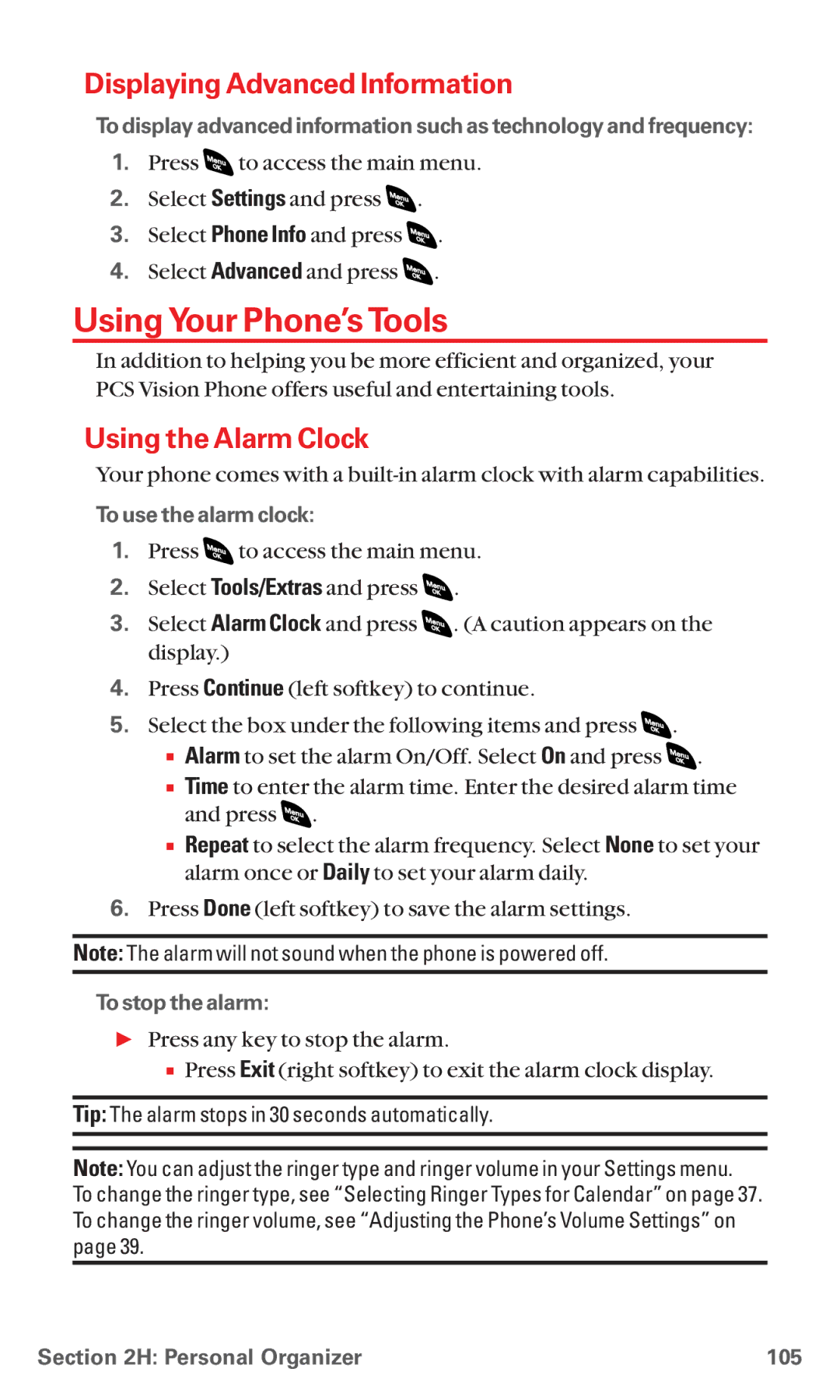 Sanyo RL 4920 manual Using Your Phone’s Tools, Displaying Advanced Information, Using the Alarm Clock 