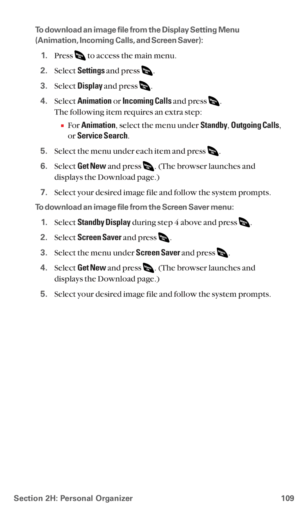 Sanyo RL 4920 manual To download an image file from the Screen Saver menu, Personal Organizer 109 