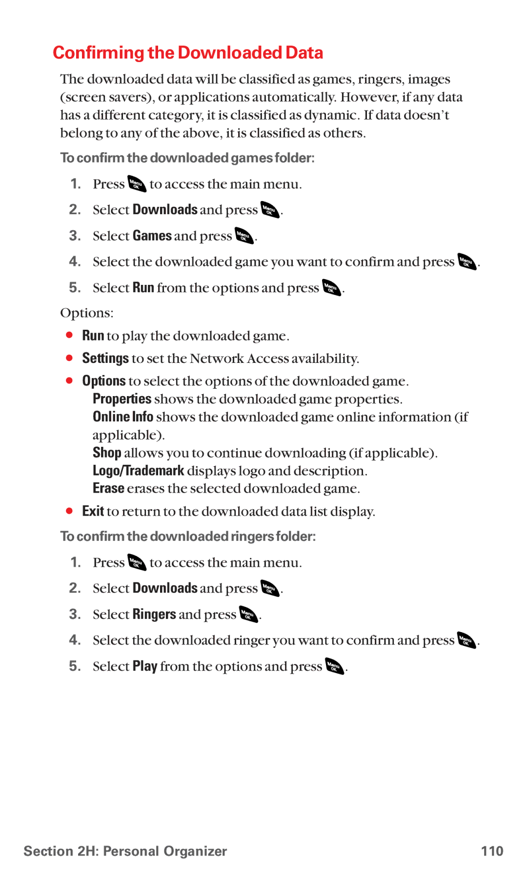 Sanyo RL 4920 manual Confirming the Downloaded Data, To confirm the downloaded games folder, Personal Organizer 110 