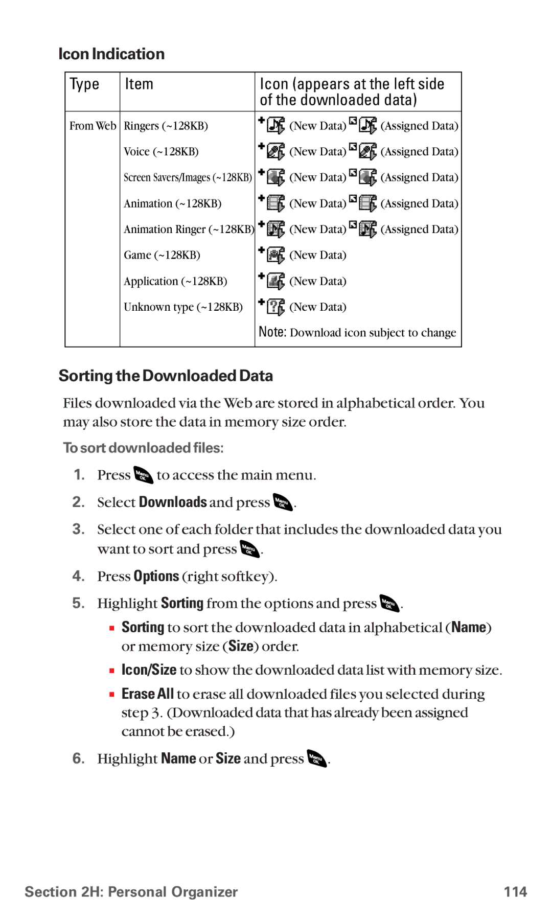 Sanyo RL 4920 manual Icon Indication, Sorting the Downloaded Data, To sort downloaded files, Personal Organizer 114 