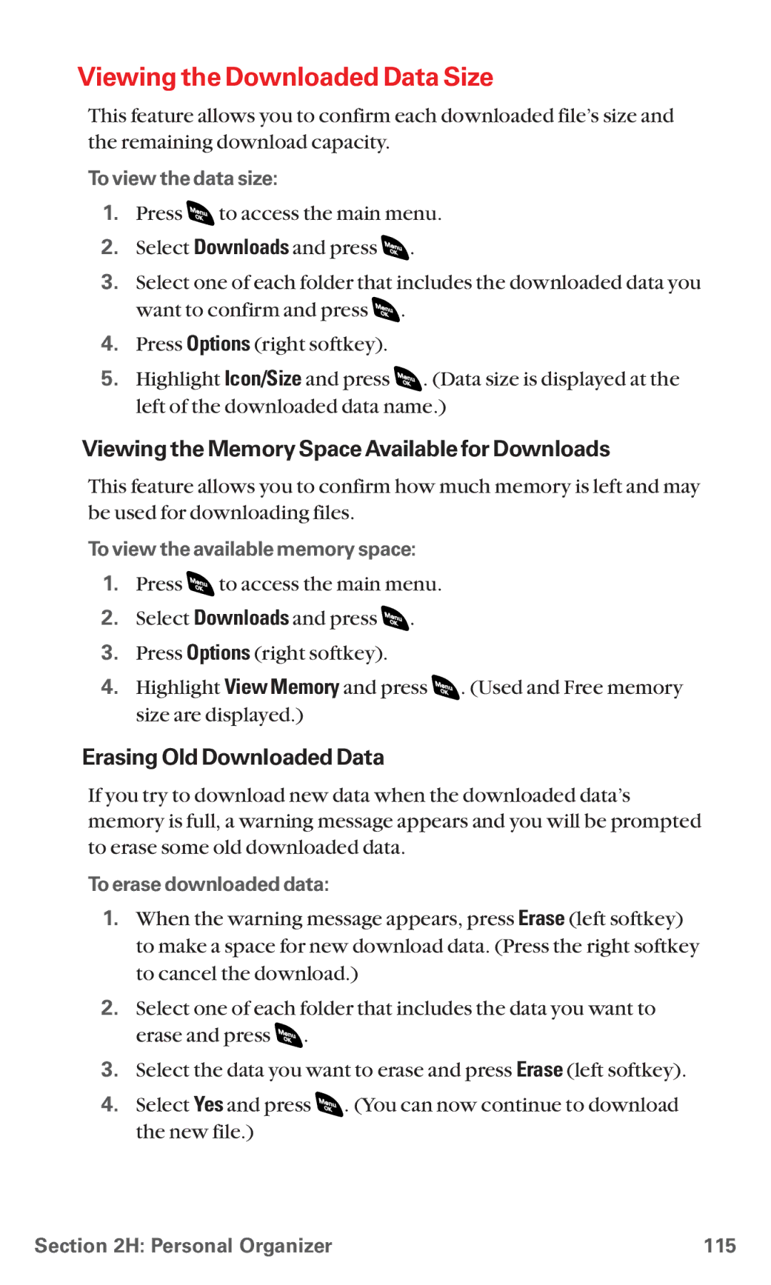 Sanyo RL 4920 manual Viewing the Downloaded Data Size, Viewing the Memory Space Available for Downloads 