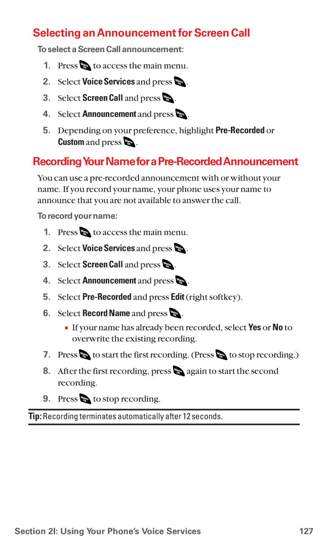 Sanyo RL 4920 manual Selecting an Announcement for Screen Call, RecordingYourNameforaPre-RecordedAnnouncement 