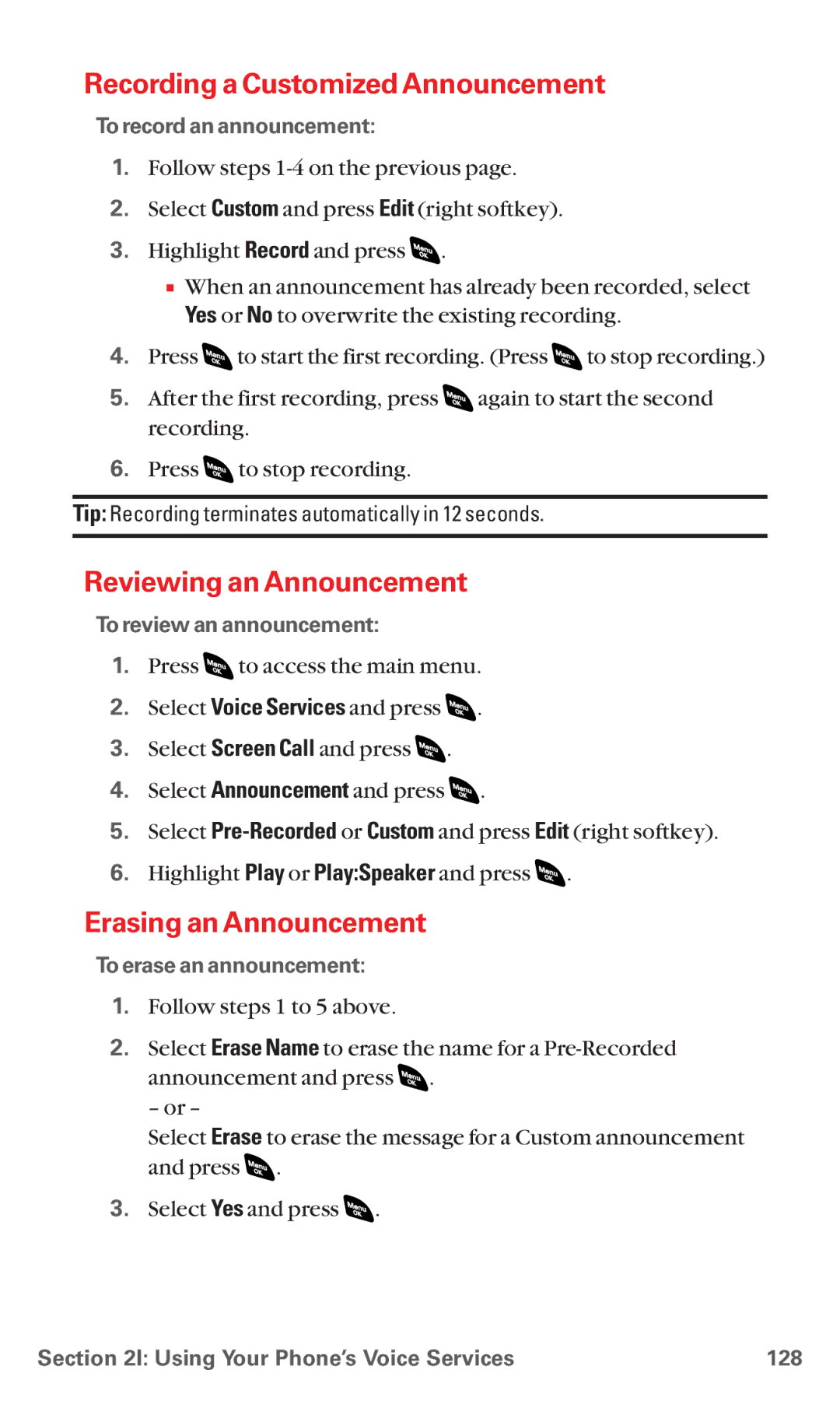 Sanyo RL 4920 manual Recording a Customized Announcement, Reviewing an Announcement, Erasing an Announcement 