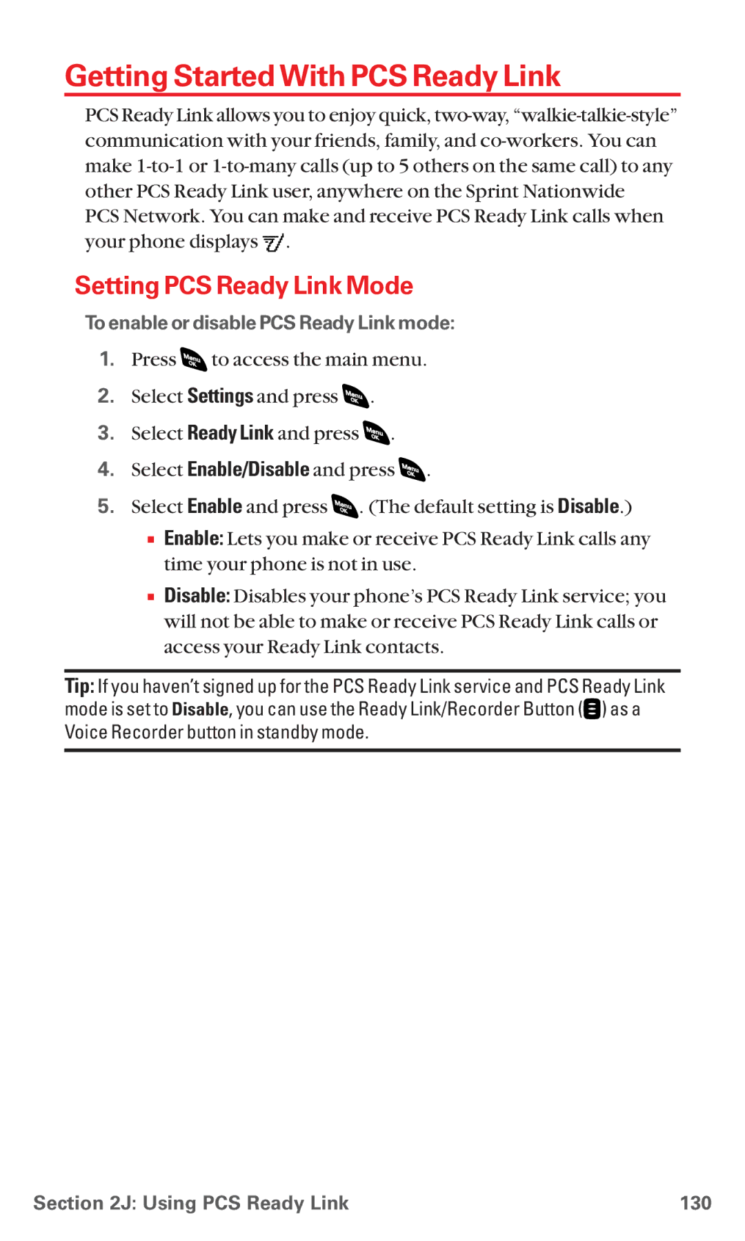 Sanyo RL 4920 Getting Started With PCS Ready Link, Setting PCS Ready Link Mode, To enable or disable PCS Ready Link mode 