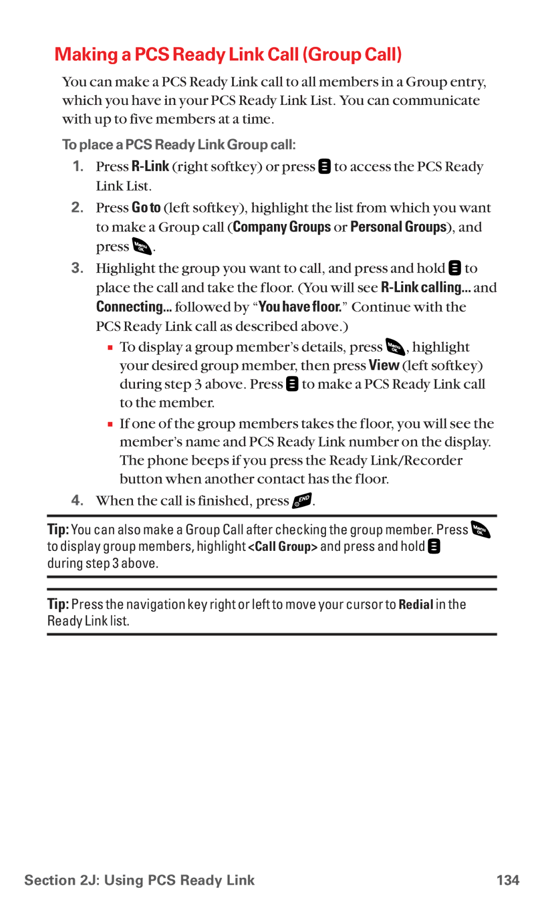 Sanyo RL 4920 Making a PCS Ready Link Call Group Call, To place a PCS Ready Link Group call, Using PCS Ready Link 134 