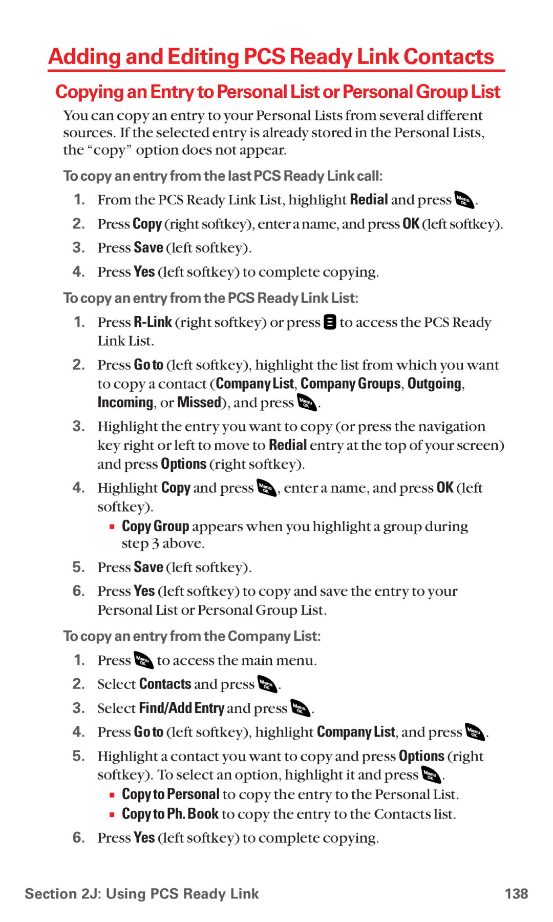 Sanyo RL 4920 manual Adding and Editing PCS Ready Link Contacts, CopyinganEntrytoPersonalListorPersonalGroupList 