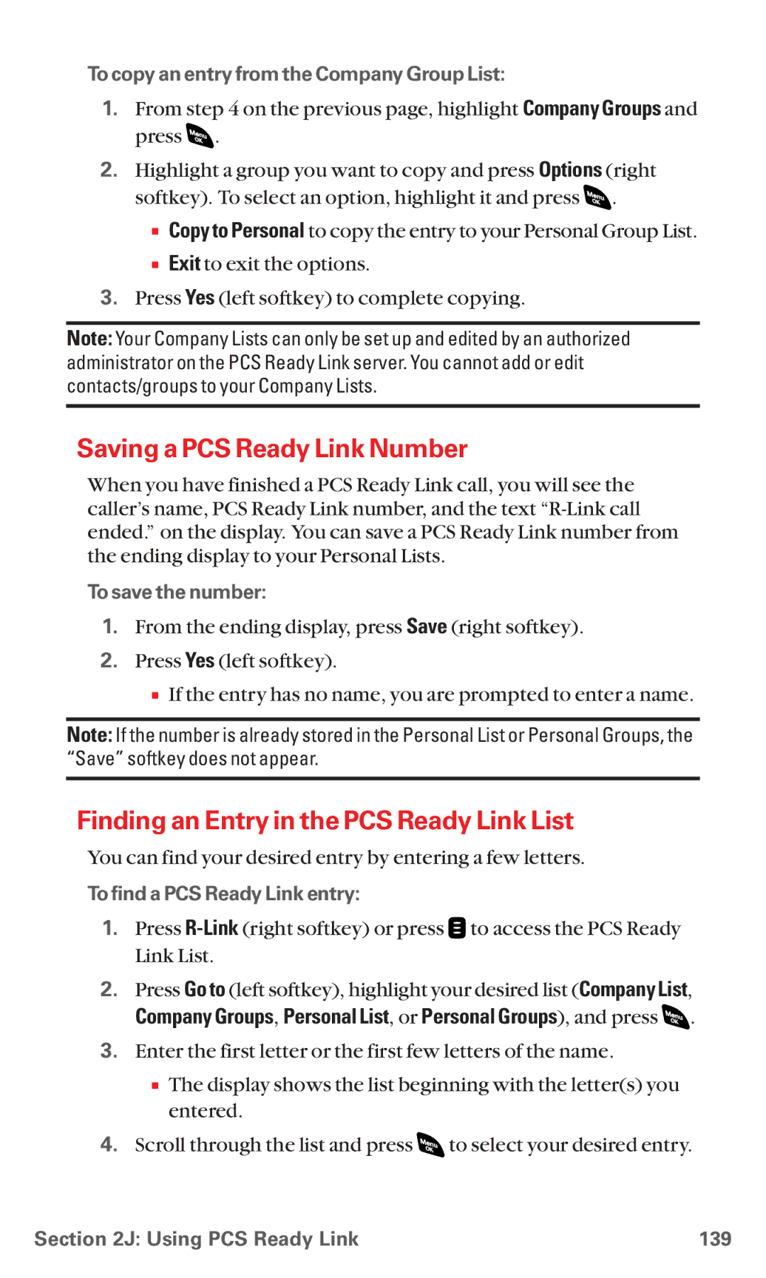 Sanyo RL 4920 manual Saving a PCS Ready Link Number, Finding an Entry in the PCS Ready Link List 