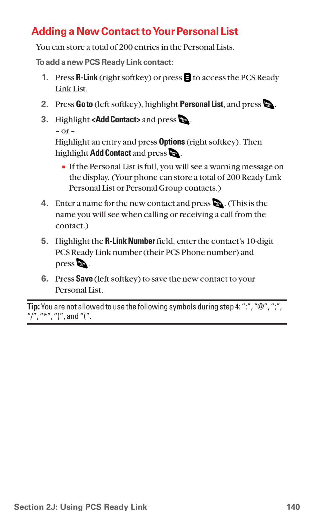 Sanyo RL 4920 Adding a New Contact to Your Personal List, To add a new PCS Ready Link contact, Using PCS Ready Link 140 
