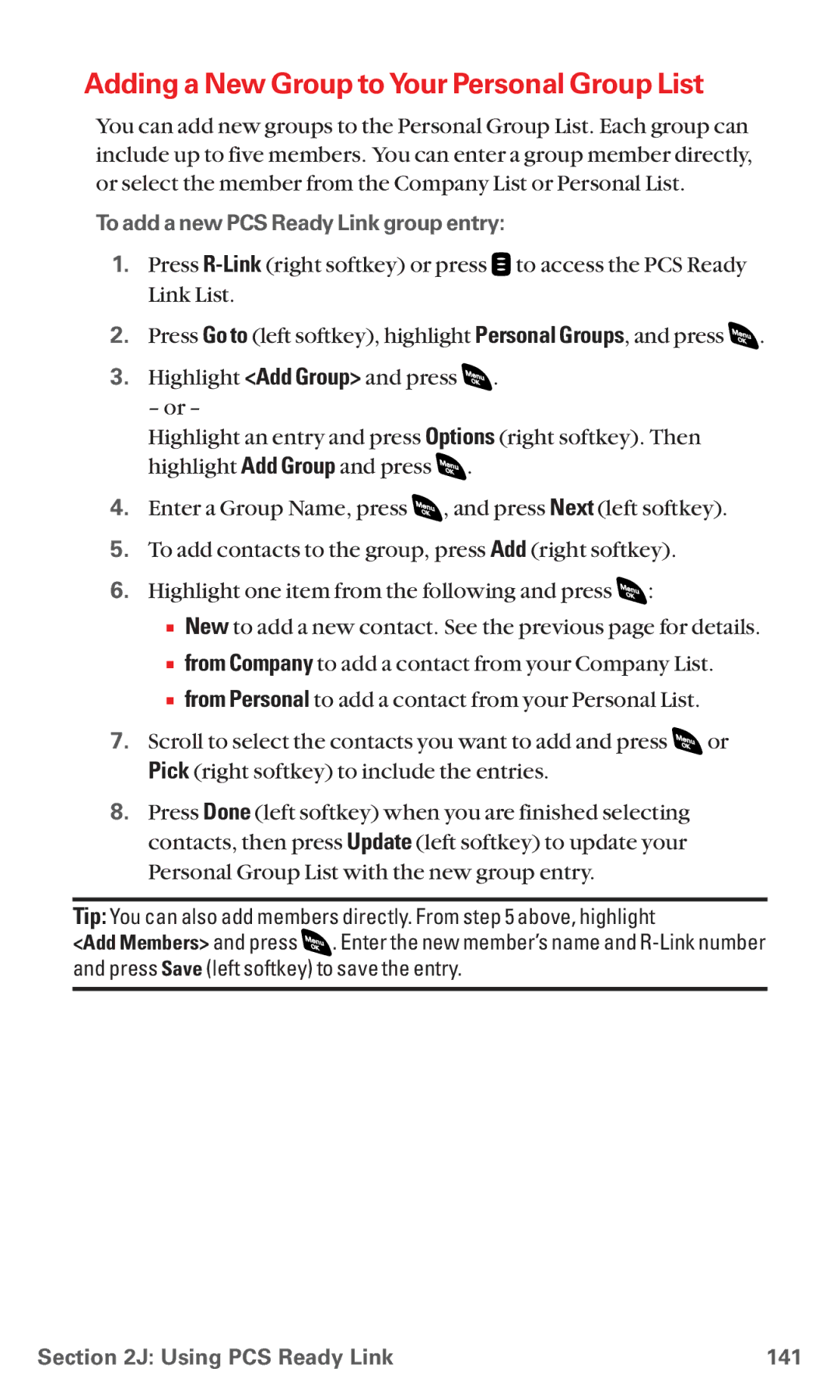 Sanyo RL 4920 manual Adding a New Group to Your Personal Group List, To add a new PCS Ready Link group entry 