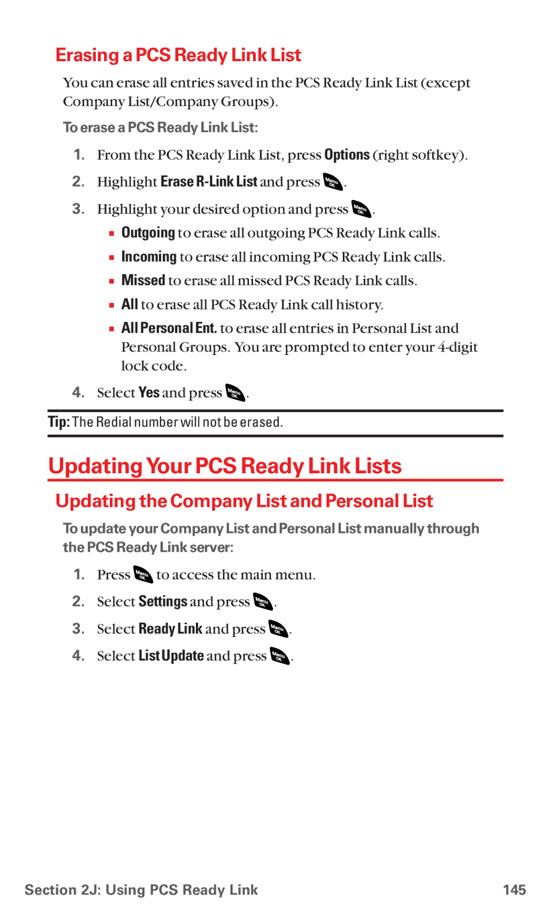 Sanyo RL 4920 manual UpdatingYour PCS Ready Link Lists, Erasing a PCS Ready Link List, To erase a PCS Ready Link List 