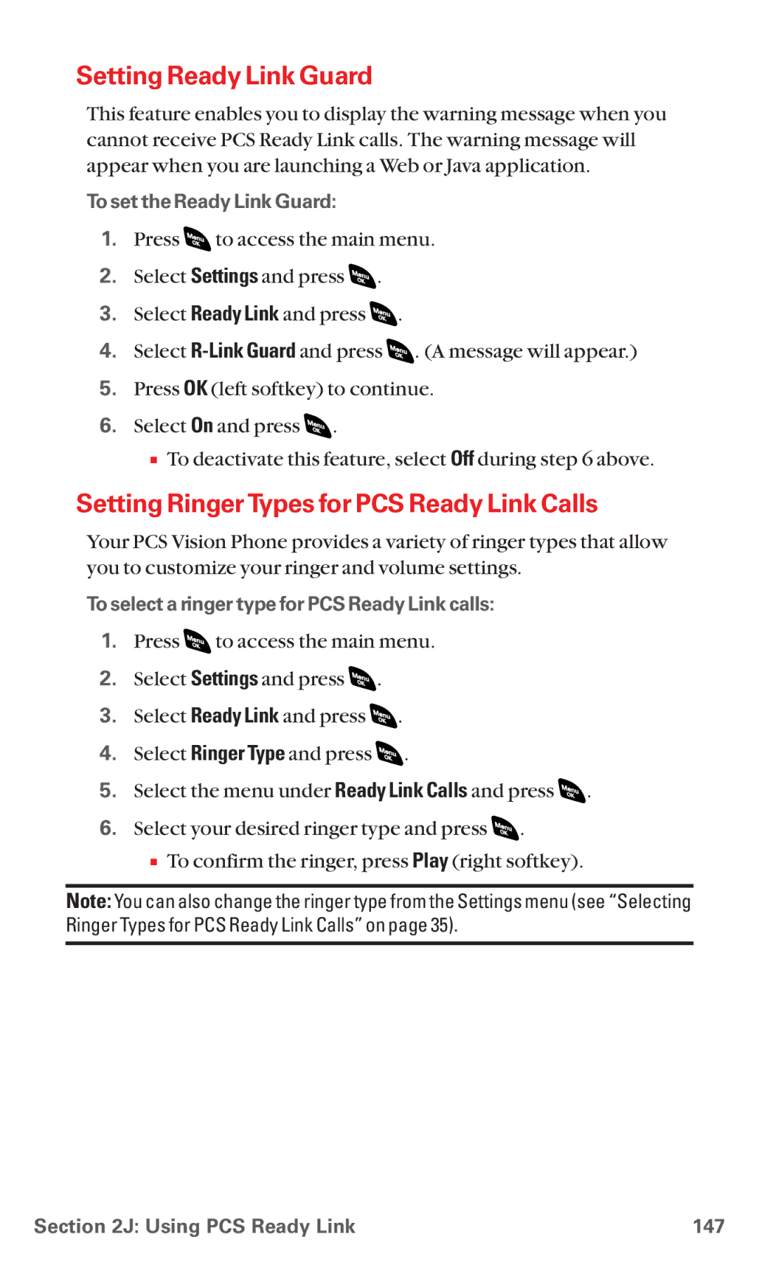 Sanyo RL 4920 manual Setting Ready Link Guard, Setting Ringer Types for PCS Ready Link Calls, To set the Ready Link Guard 