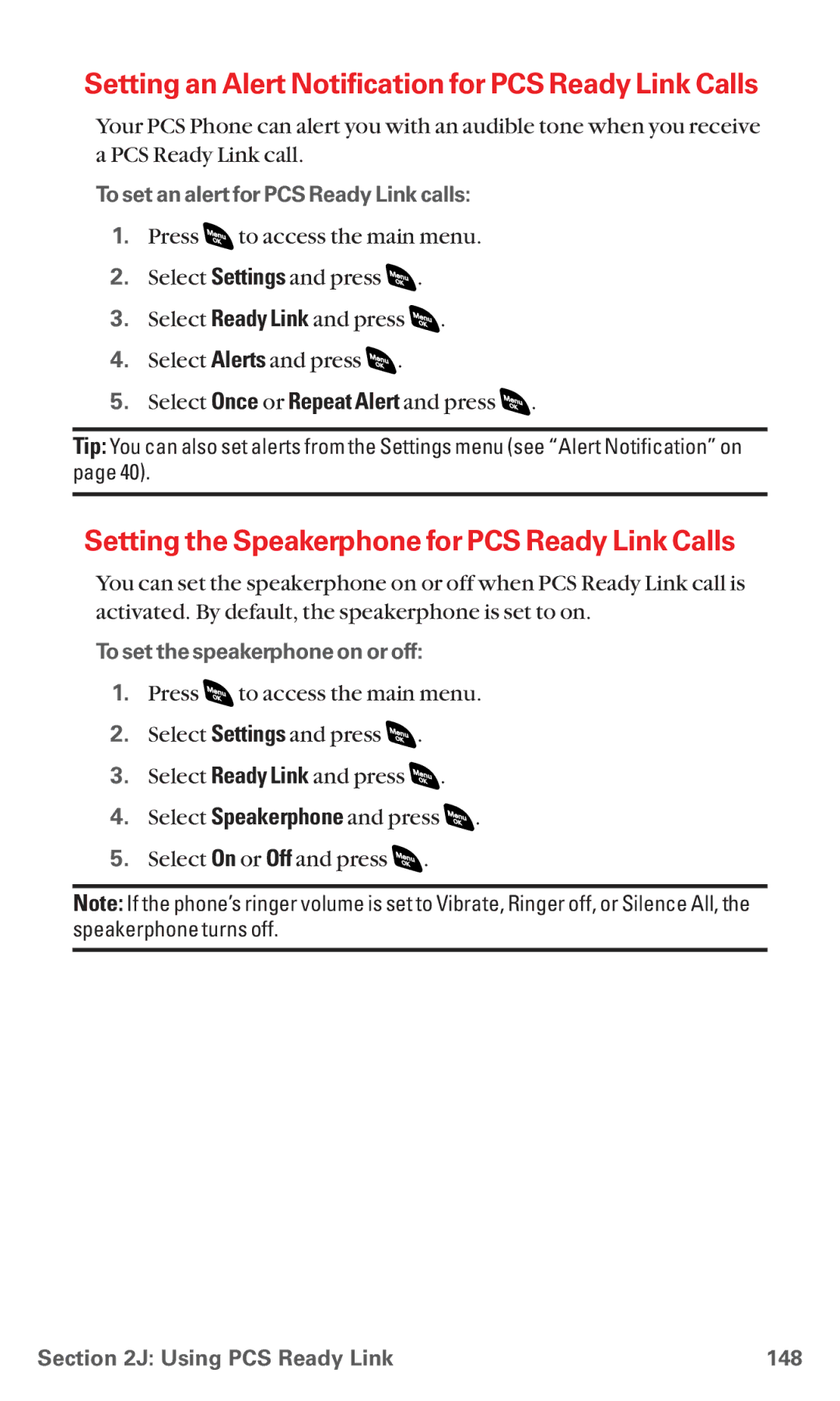 Sanyo RL 4920 Setting an Alert Notification for PCS Ready Link Calls, Setting the Speakerphone for PCS Ready Link Calls 