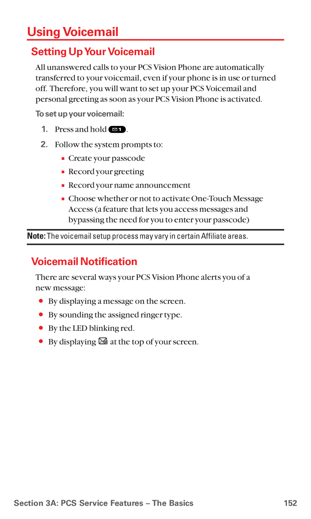 Sanyo RL 4920 manual Using Voicemail, Setting UpYour Voicemail, Voicemail Notification, PCS Service Features The Basics 152 