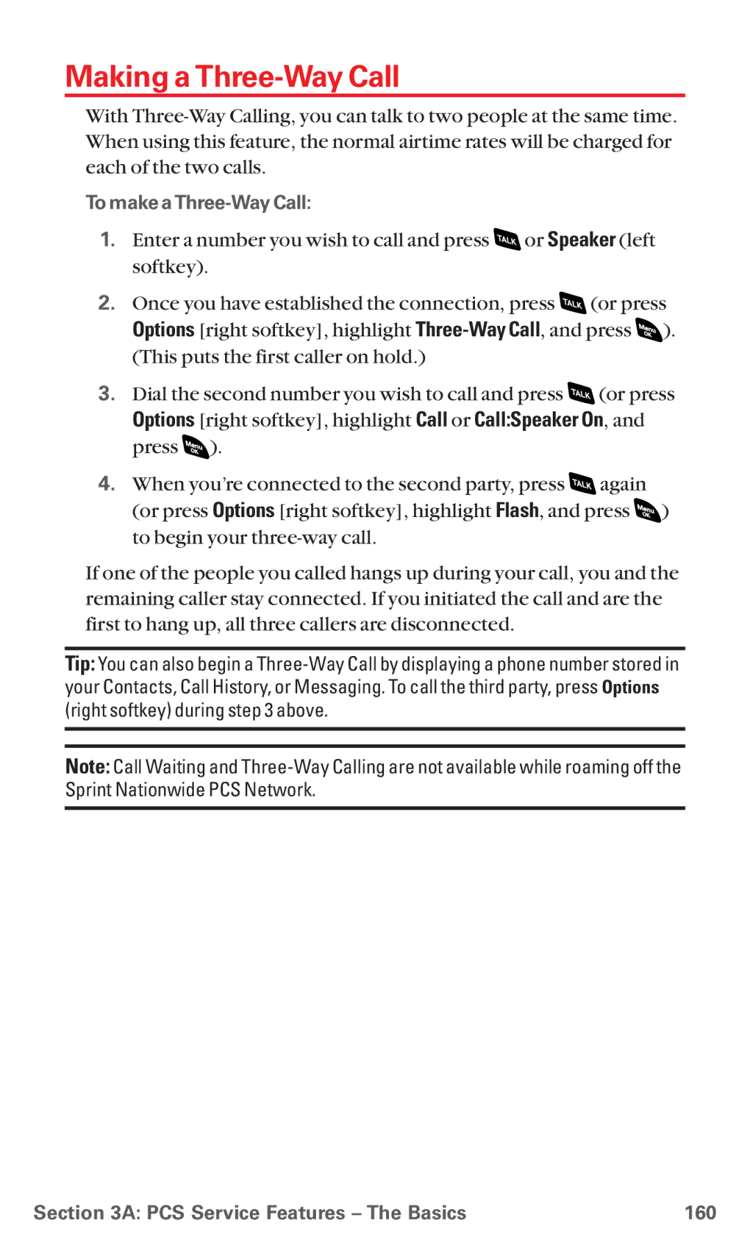Sanyo RL 4920 manual Making a Three-Way Call, To make aThree-Way Call, PCS Service Features The Basics 160 