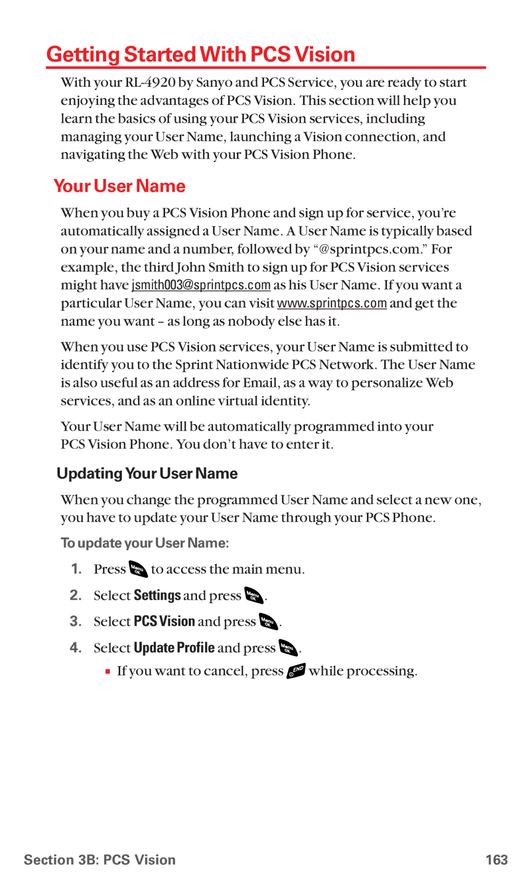 Sanyo RL 4920 manual Getting Started With PCS Vision, UpdatingYour User Name, To update your User Name, PCS Vision 163 
