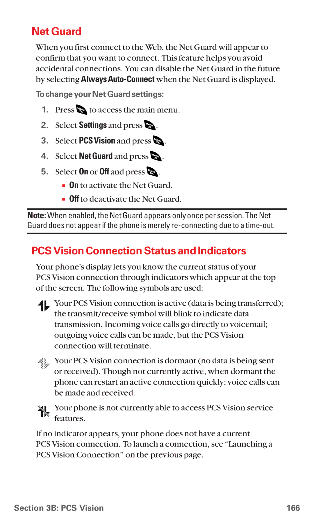 Sanyo RL 4920 manual PCS Vision Connection Status and Indicators, To change your Net Guardsettings, PCS Vision 166 