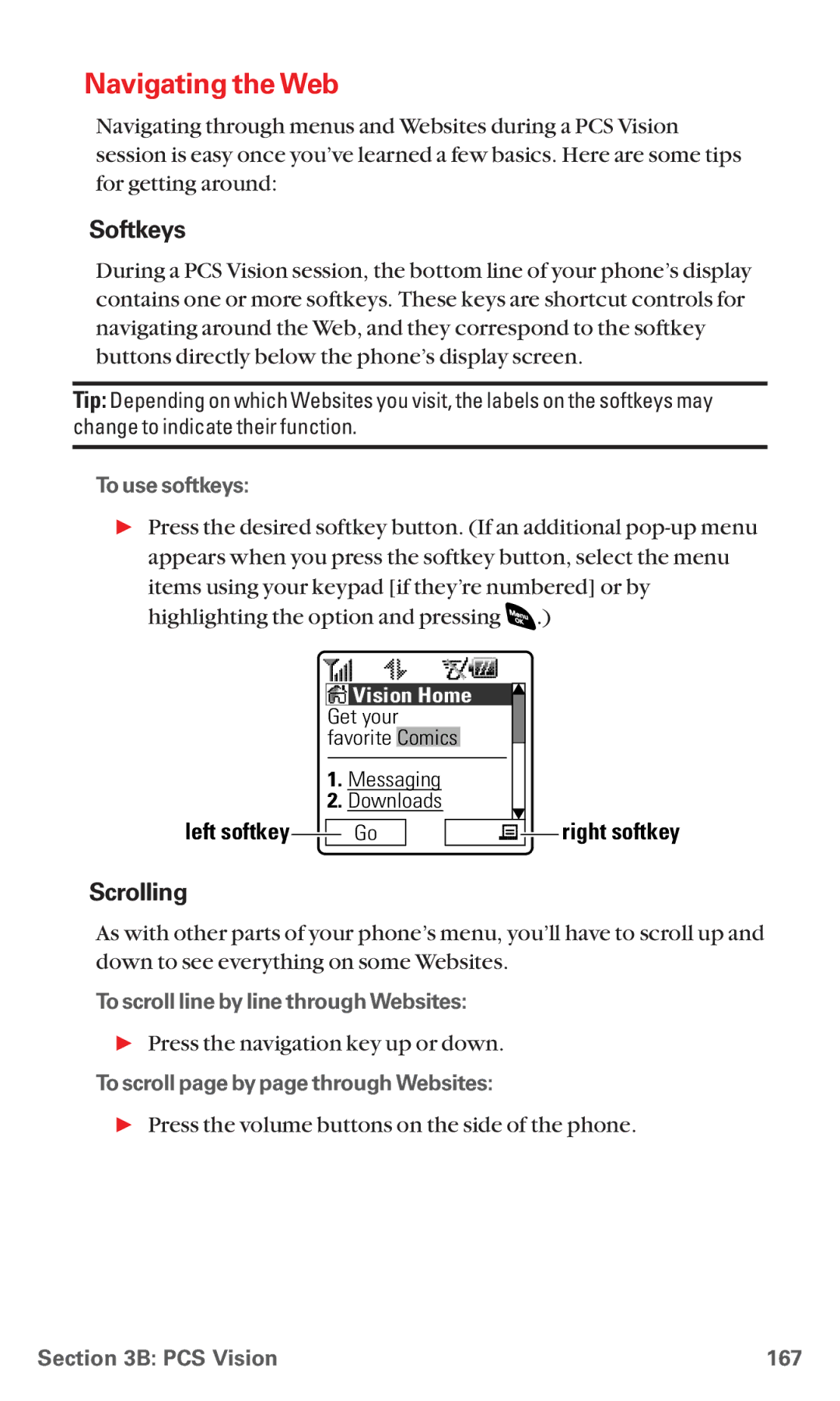 Sanyo RL 4920 manual Navigating the Web, Softkeys, Scrolling 