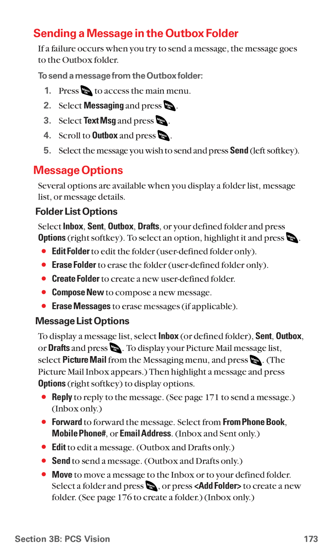 Sanyo RL 4920 manual Sending a Message in the Outbox Folder, Message Options, Folder List Options, Message List Options 