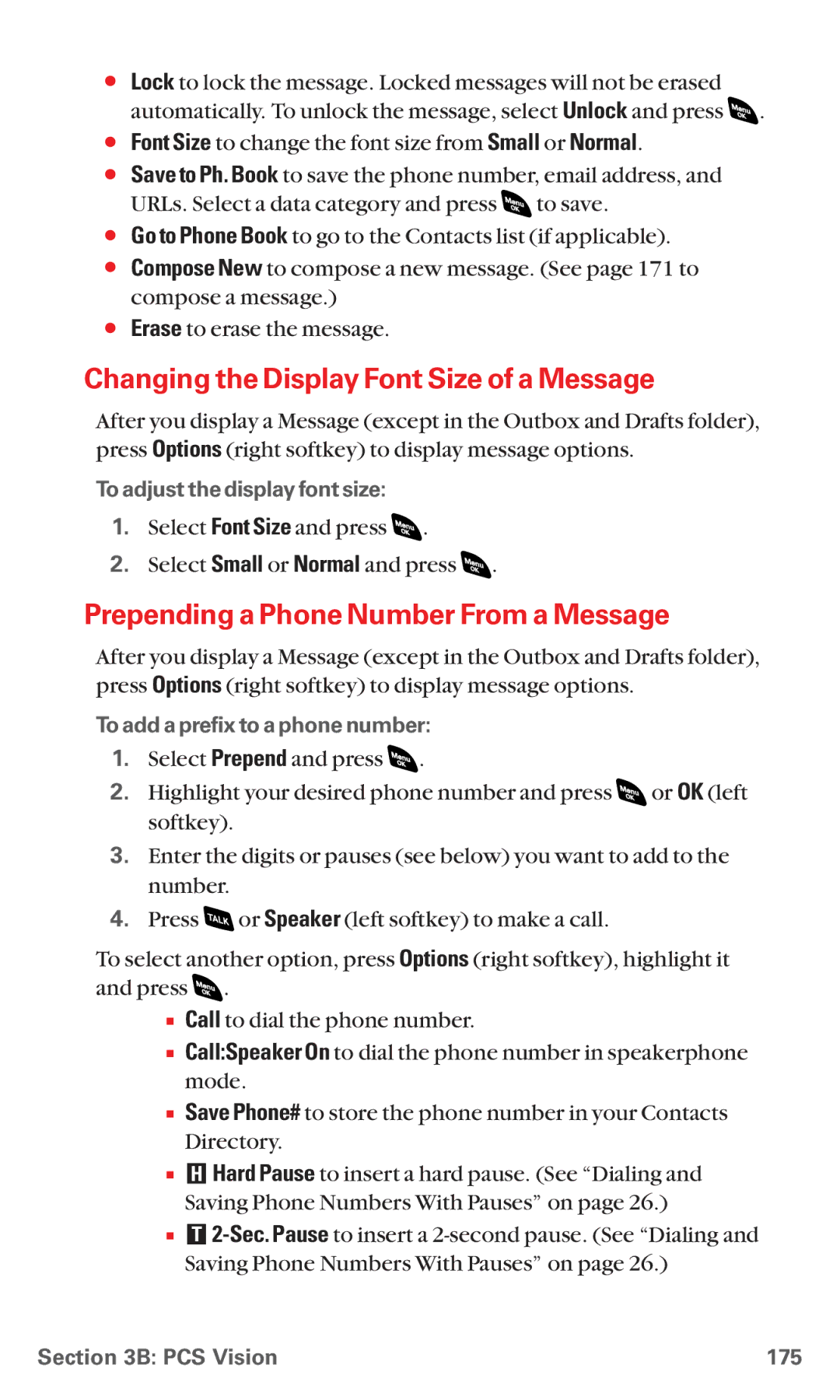 Sanyo RL 4920 manual Changing the Display Font Size of a Message, Prepending a Phone Number From a Message, PCS Vision 175 