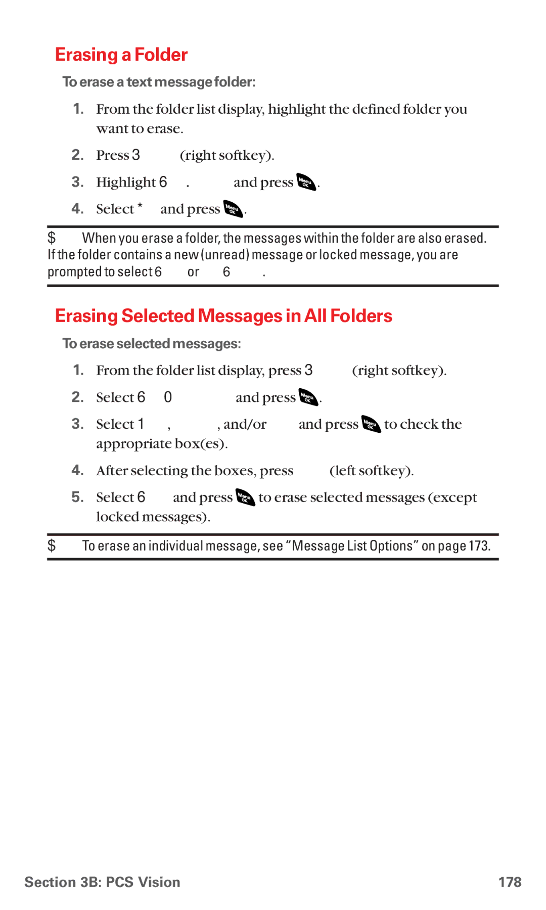 Sanyo RL 4920 Erasing a Folder, Erasing Selected Messages in All Folders, To erase a text message folder, PCS Vision 178 