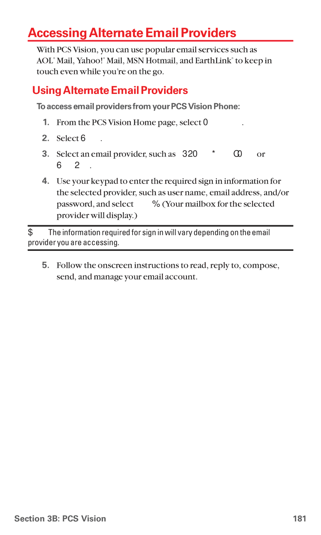 Sanyo RL 4920 manual Accessing Alternate Email Providers, Using Alternate Email Providers, EarthLink, PCS Vision 181 