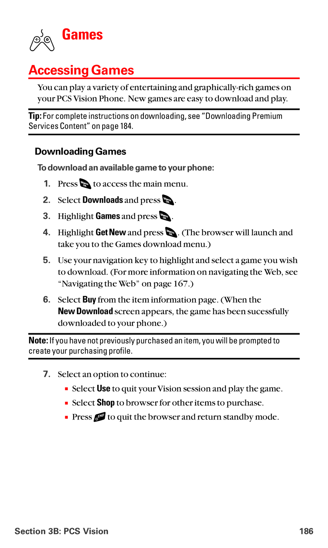 Sanyo RL 4920 manual Accessing Games, Downloading Games, To download an available game to your phone, PCS Vision 186 