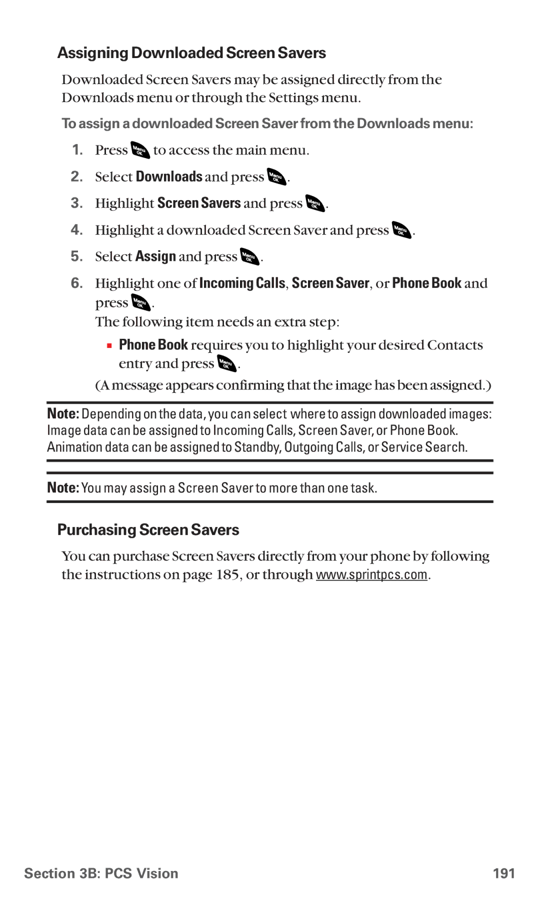 Sanyo RL 4920 manual Assigning Downloaded Screen Savers, Purchasing Screen Savers, PCS Vision 191 