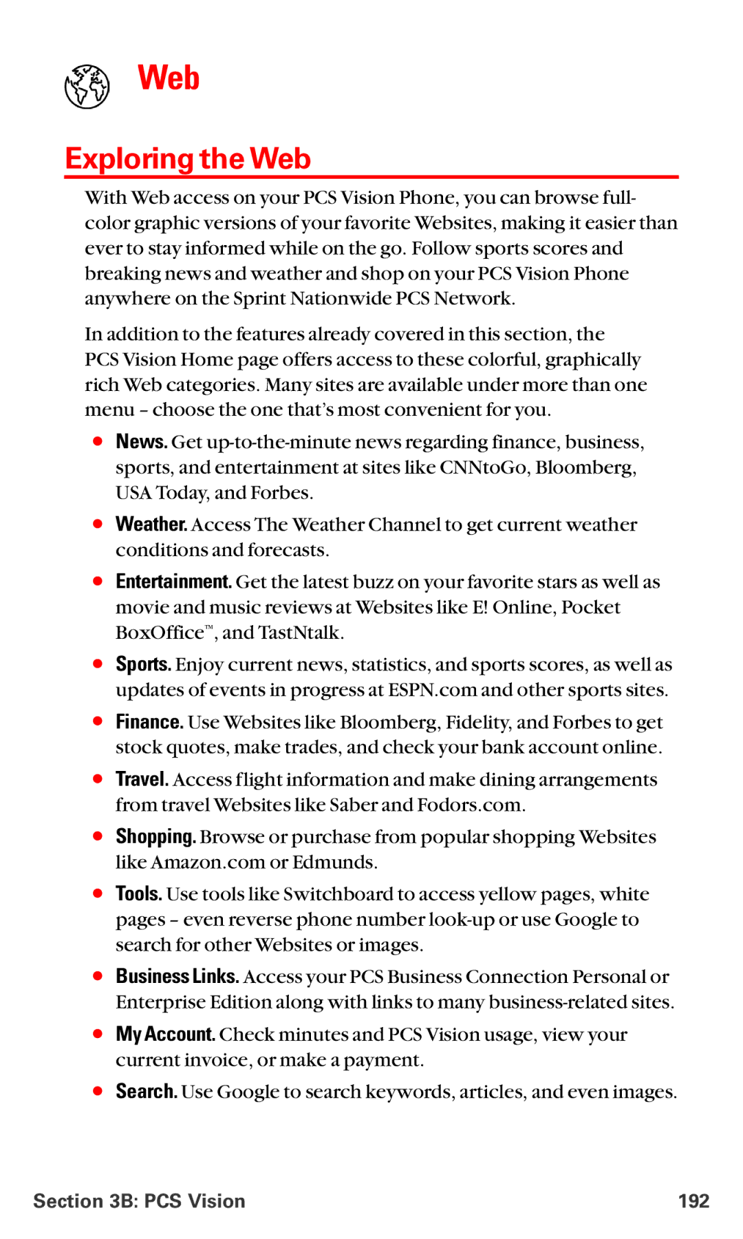 Sanyo RL 4920 manual Exploring the Web, PCS Vision 192 