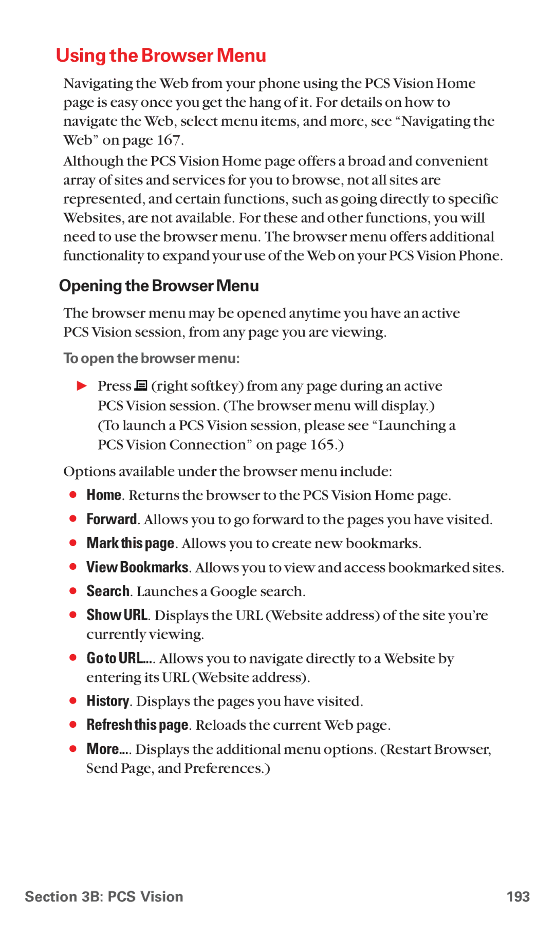 Sanyo RL 4920 manual Using the Browser Menu, Opening the Browser Menu, To open the browser menu, PCS Vision 193 