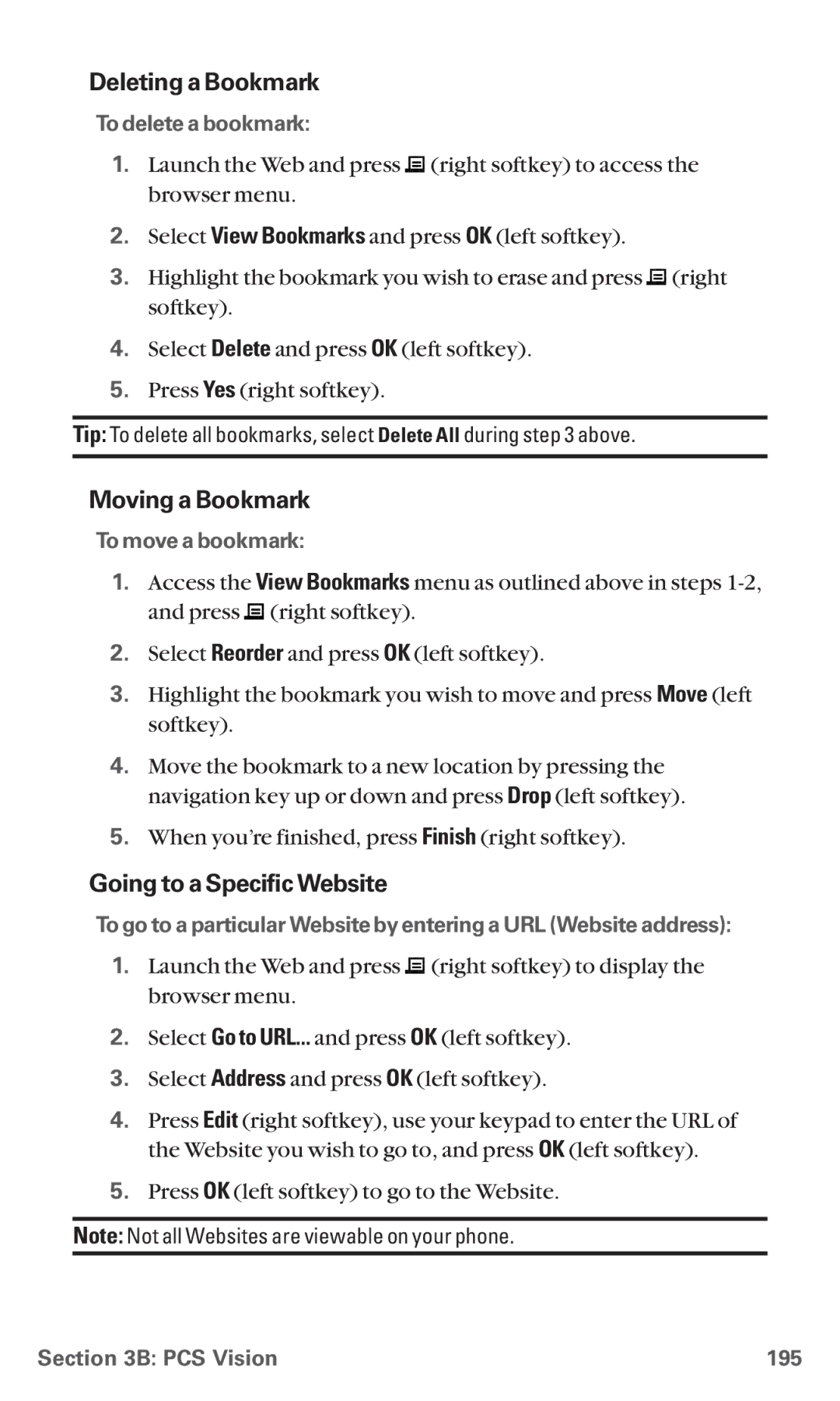 Sanyo RL 4920 manual Deleting a Bookmark, Moving a Bookmark, Going to a Specific Website 