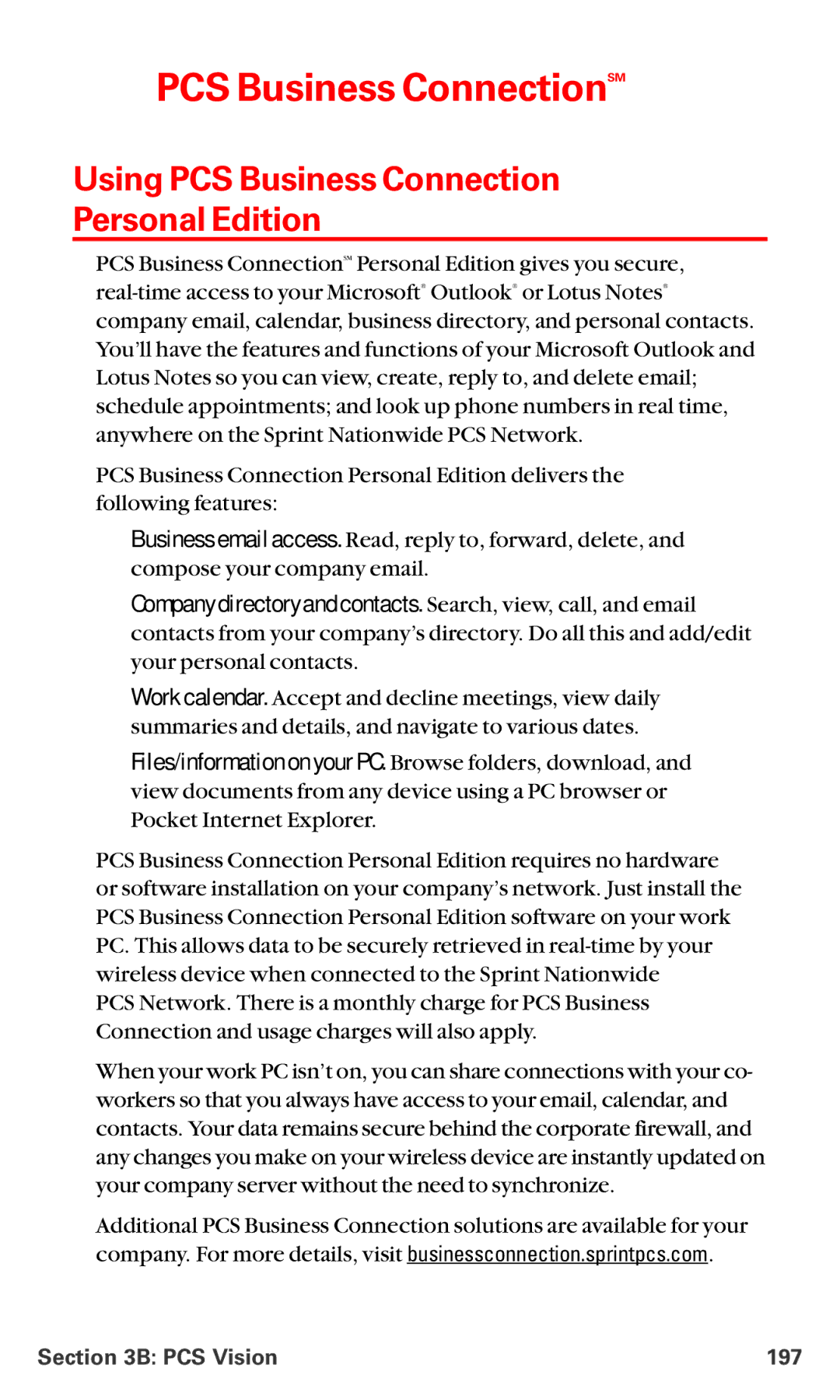 Sanyo RL 4920 manual PCS Business ConnectionSM, Using PCS Business Connection Personal Edition, PCS Vision 197 