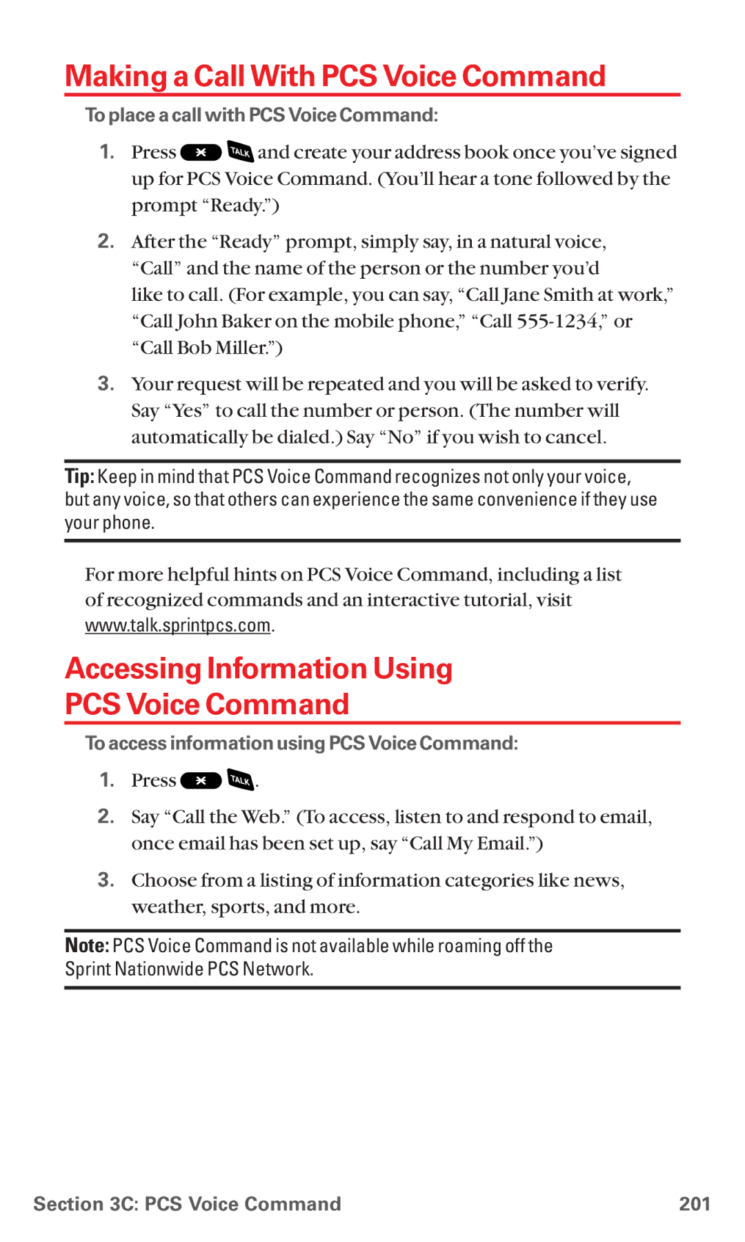 Sanyo RL 4920 Making a Call With PCS Voice Command, Accessing Information Using PCS Voice Command, PCS Voice Command 201 