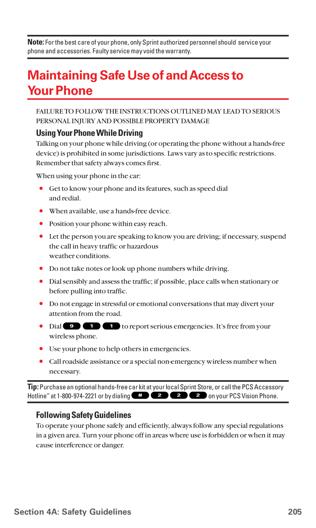 Sanyo RL 4920 Maintaining Safe Use of and Access to Your Phone, Using Your Phone While Driving, Safety Guidelines 205 