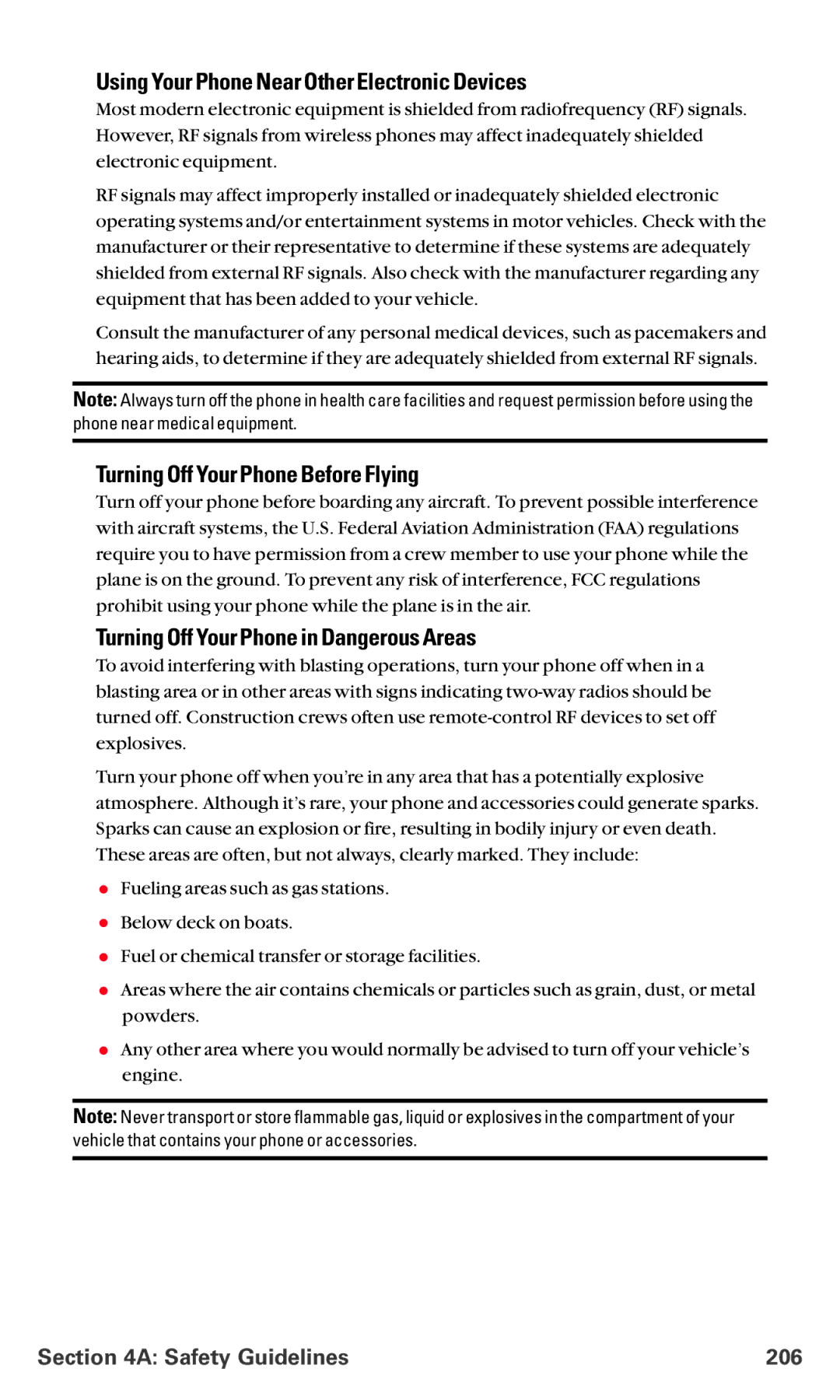 Sanyo RL 4920 Using Your Phone Near Other Electronic Devices, Turning Off Your Phone Before Flying, Safety Guidelines 206 