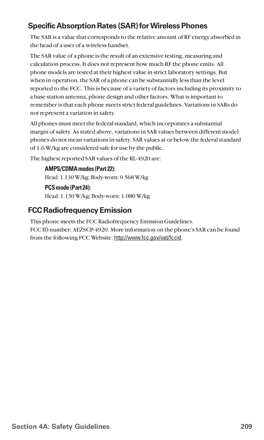 Sanyo RL 4920 manual Specific Absorption Rates SAR for Wireless Phones, FCC Radiofrequency Emission, Safety Guidelines 209 