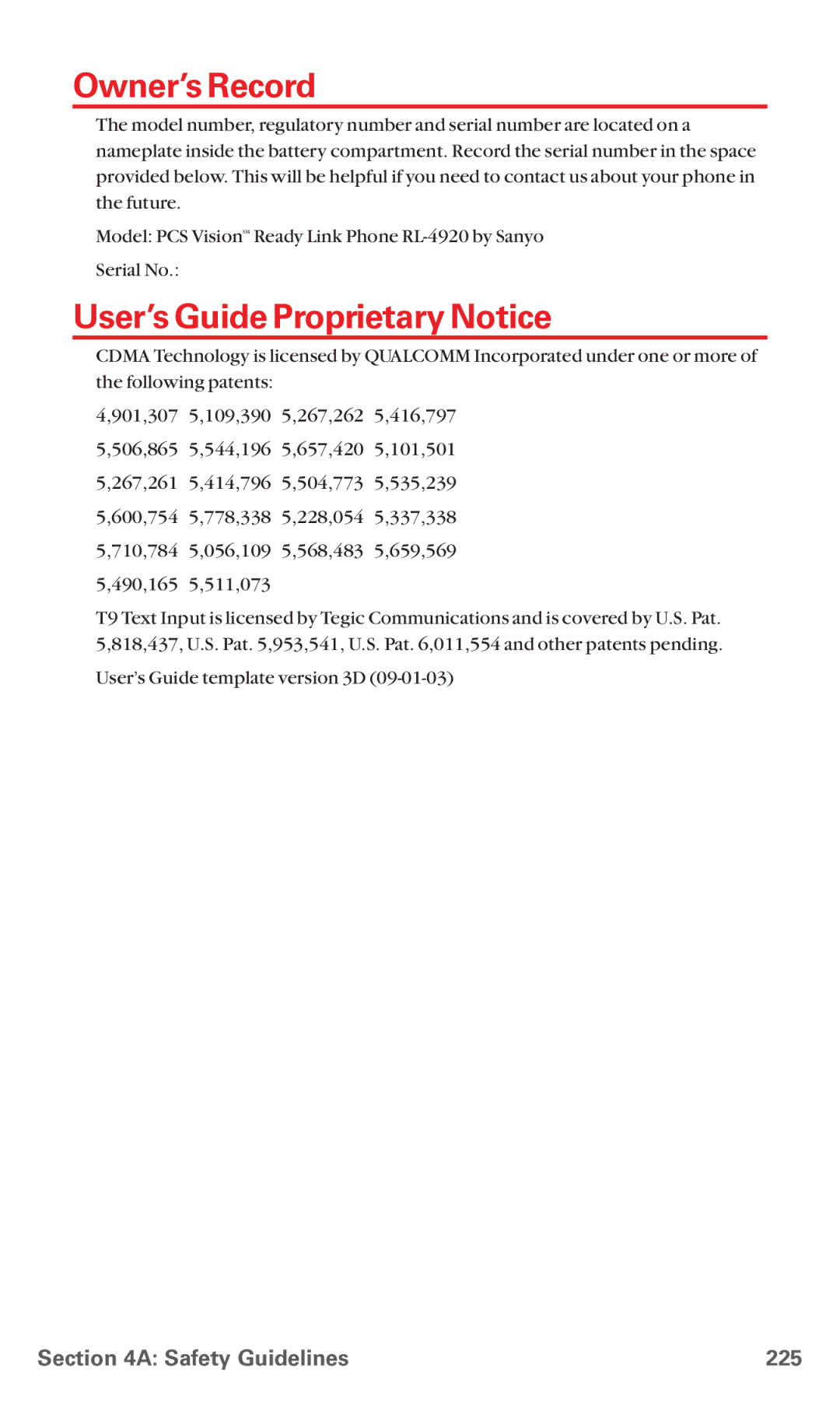 Sanyo RL 4920 manual Owner’s Record, User’s Guide Proprietary Notice, Safety Guidelines 225 