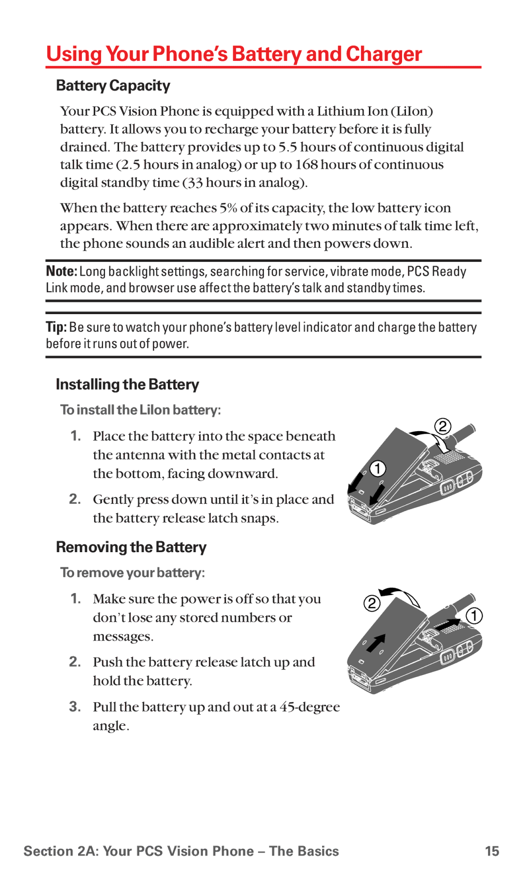 Sanyo RL 4920 manual Using Your Phone’s Battery and Charger, Battery Capacity, Installing the Battery, Removing the Battery 