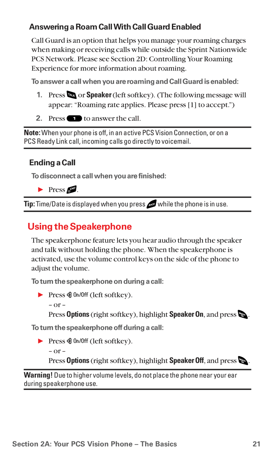 Sanyo RL 4920 manual Using the Speakerphone, Answering a Roam Call With Call Guard Enabled, Ending a Call 