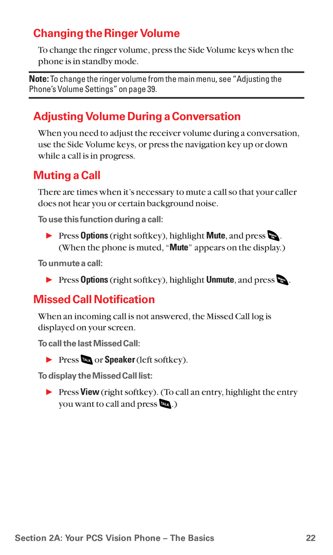 Sanyo RL 4920 Changing the Ringer Volume, Adjusting Volume During a Conversation, Muting a Call, Missed Call Notification 