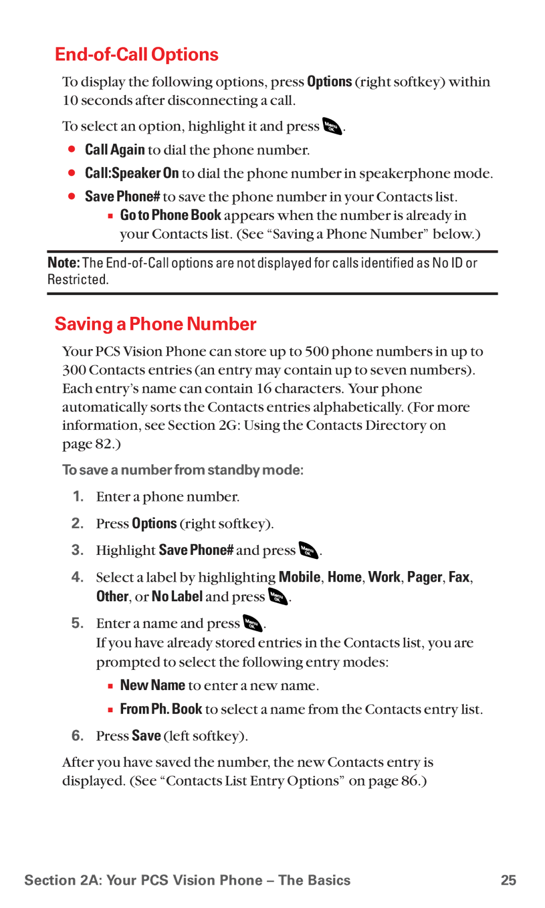 Sanyo RL 4920 manual End-of-Call Options, Saving a Phone Number, To save a number from standby mode 