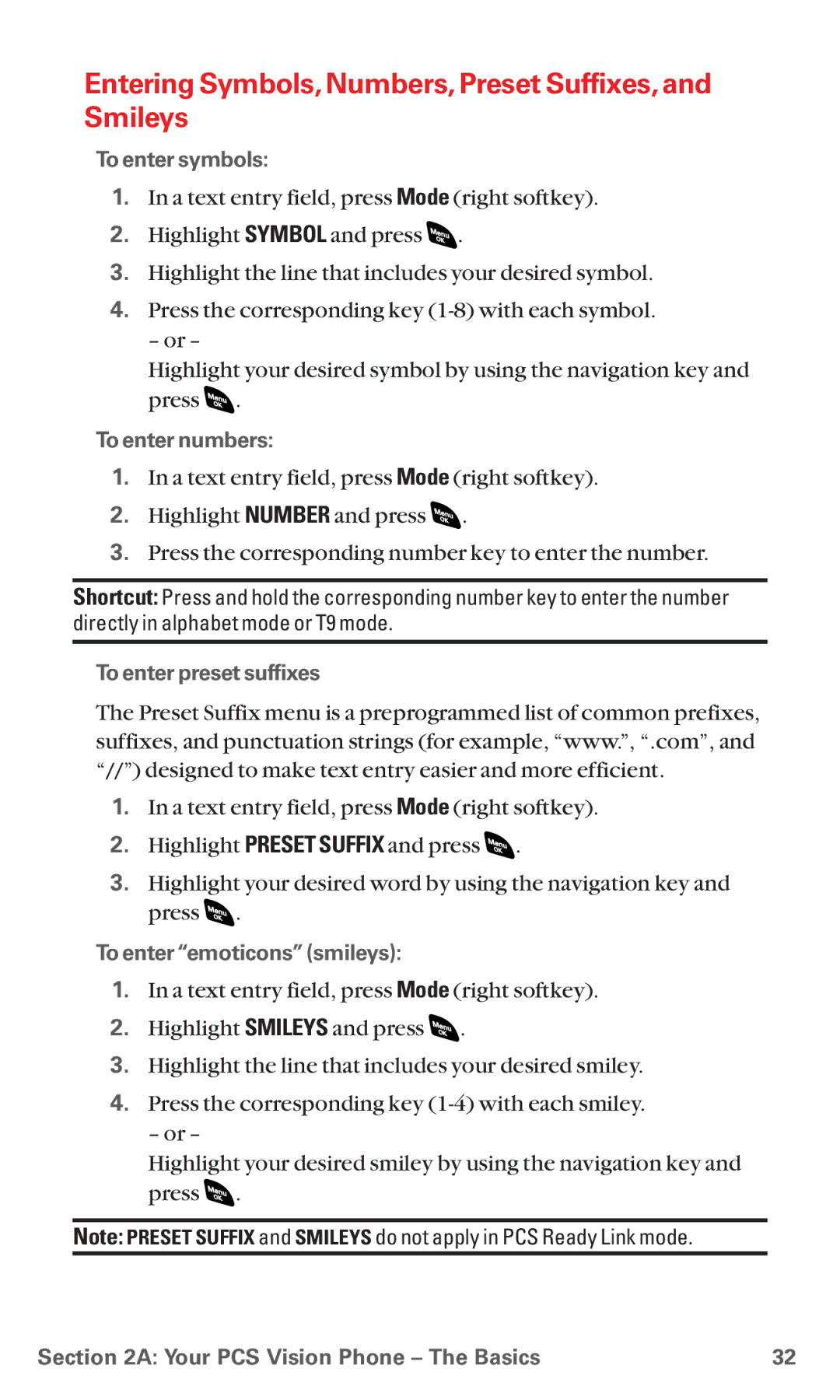 Sanyo RL 4920 manual Entering Symbols,Numbers,Preset Suffixes,and Smileys, To enter symbols, To enter numbers 