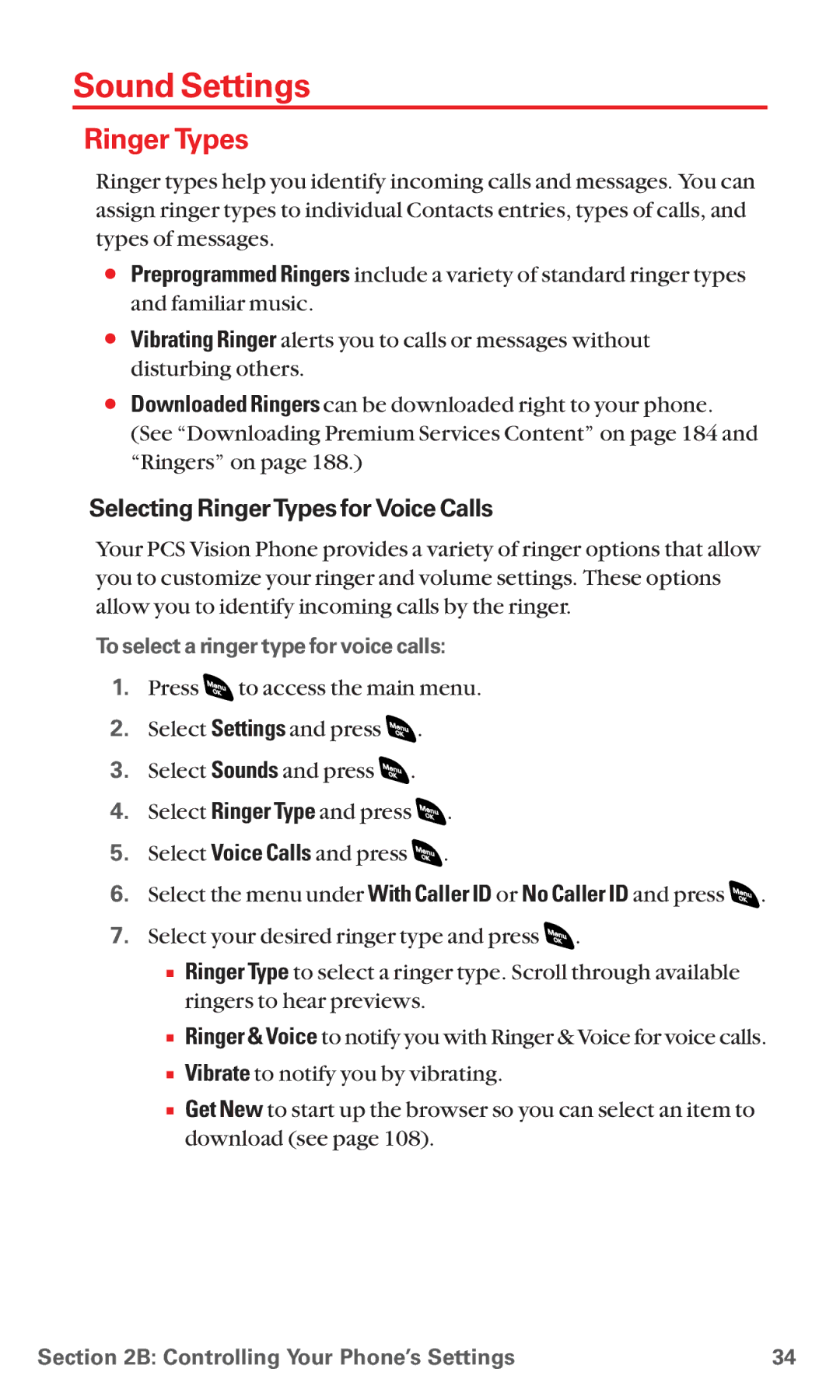 Sanyo RL 4920 Sound Settings, Ringer Types, Selecting RingerTypes for Voice Calls, To select a ringer type for voice calls 