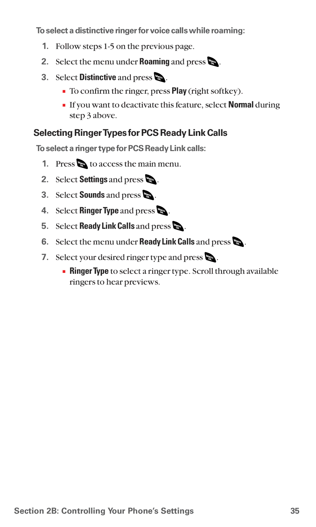 Sanyo RL 4920 manual Selecting RingerTypes for PCS Ready Link Calls, To select a ringer type for PCS Ready Link calls 