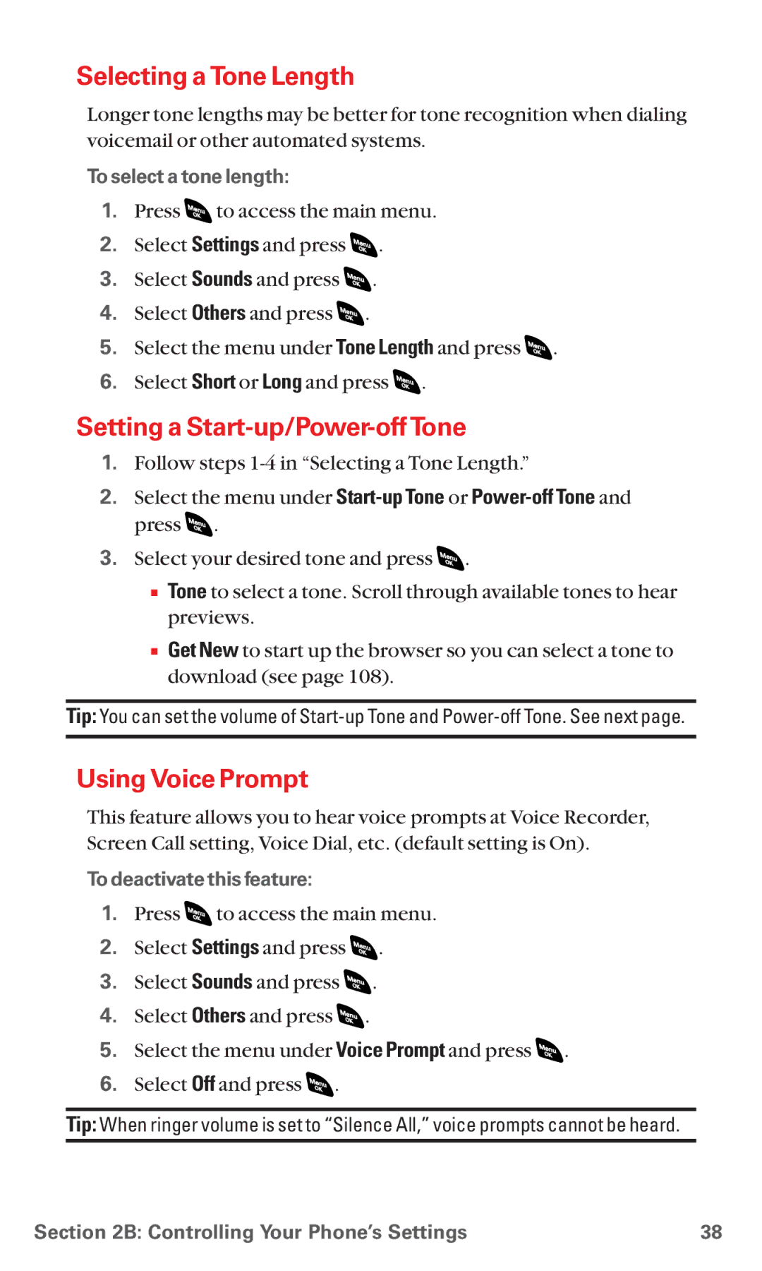 Sanyo RL 4920 Selecting a Tone Length, Setting a Start-up/Power-off Tone, Using Voice Prompt, To select a tone length 