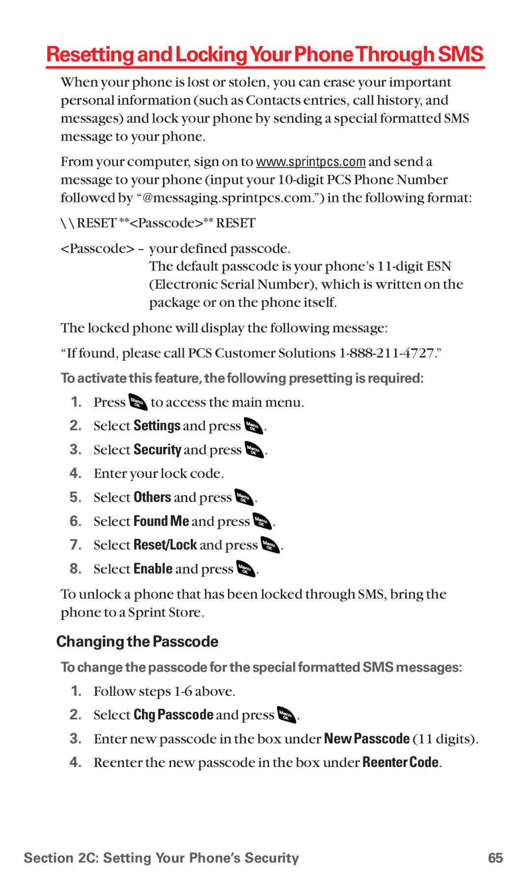 Sanyo RL 4920 manual ResettingandLockingYourPhoneThroughSMS, Changing the Passcode 