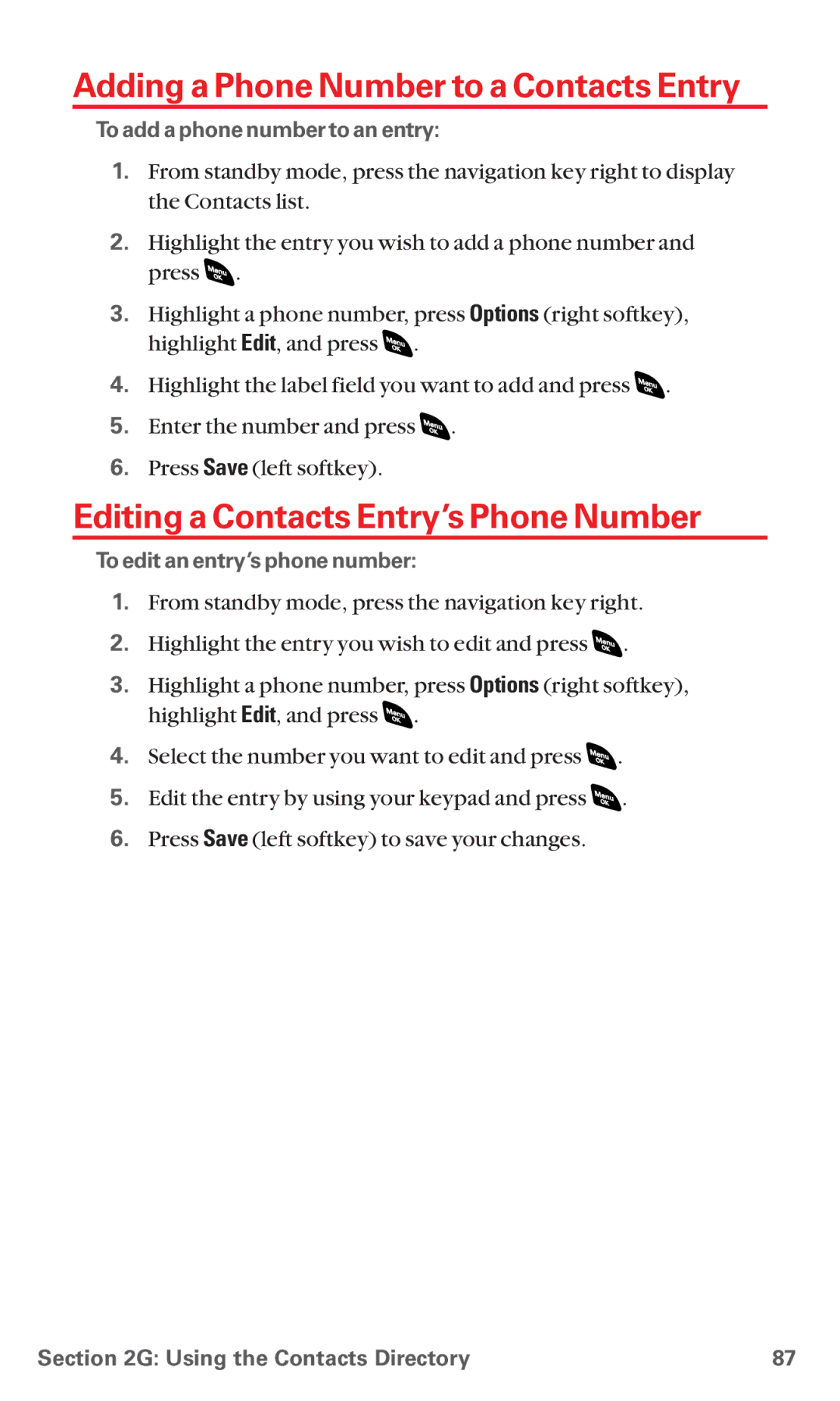 Sanyo RL 4920 manual Adding a Phone Number to a Contacts Entry, Editing a Contacts Entry’s Phone Number 