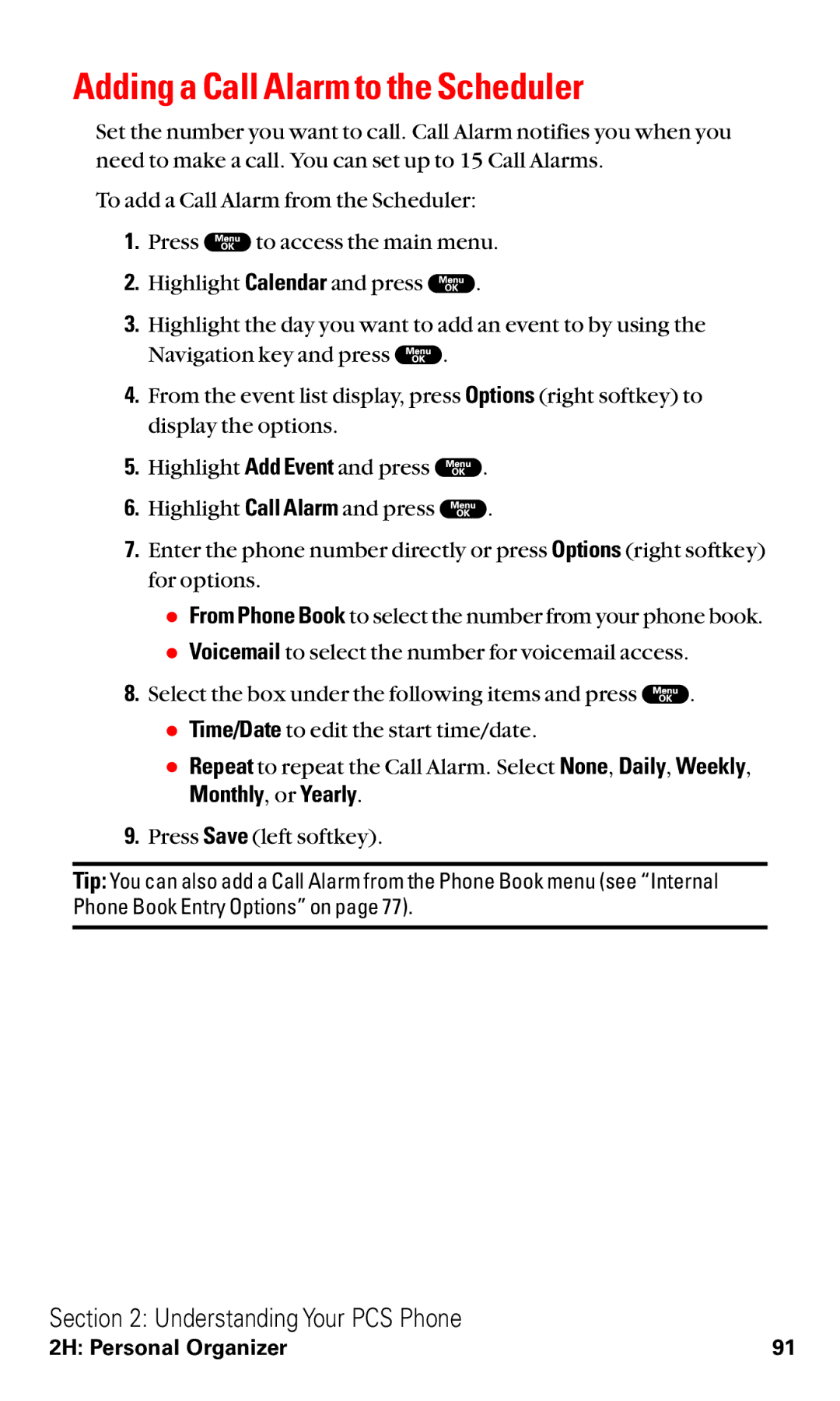 Sanyo RL2000 manual Adding a Call Alarm to the Scheduler 