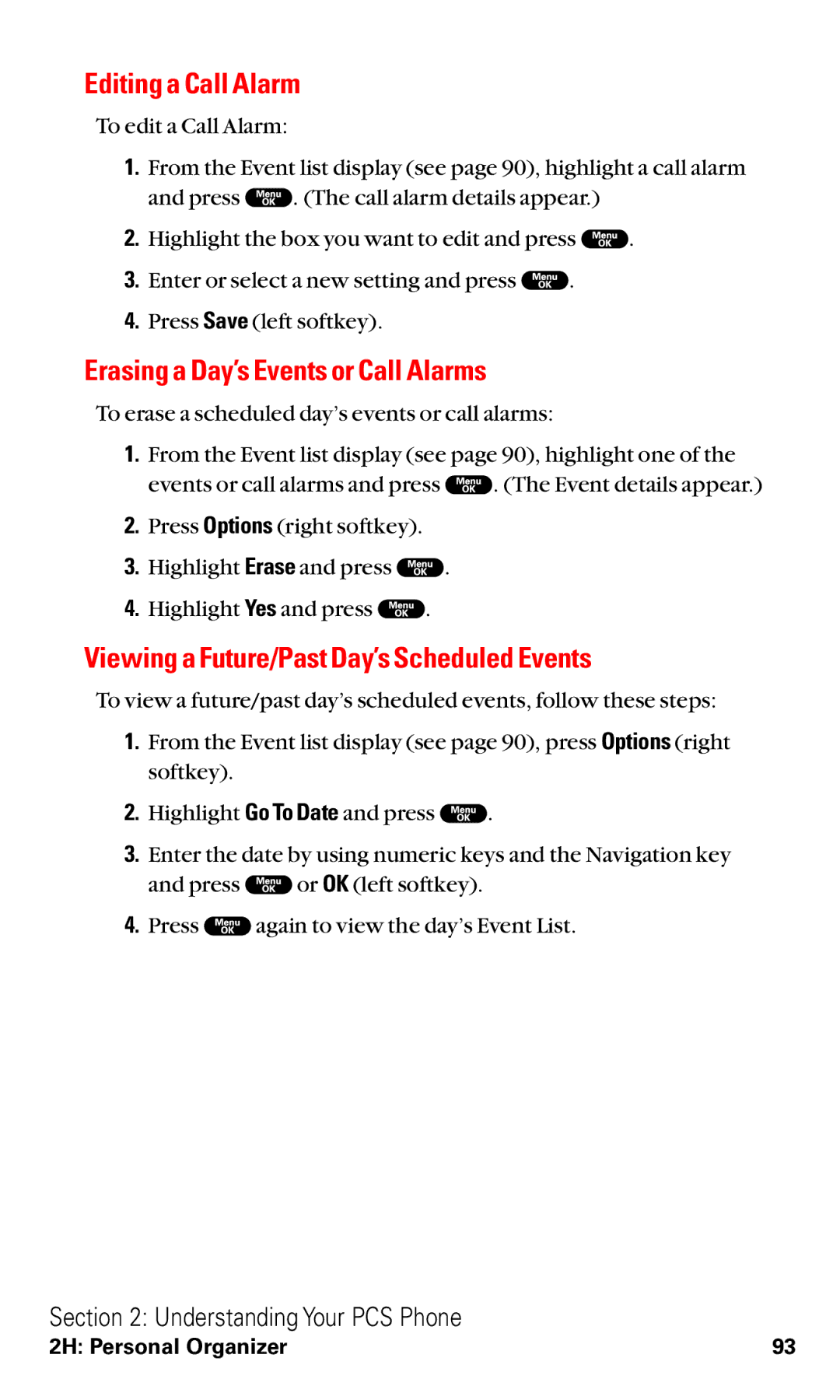 Sanyo RL2000 Editing a Call Alarm, Erasing a Day’s Events or Call Alarms, Viewing a Future/Past Day’s Scheduled Events 